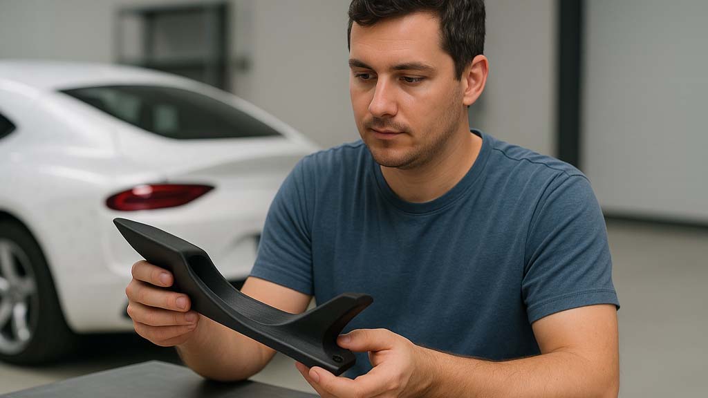 Ingenieur prüft ein 3D-gedrucktes, angepasstes Fahrzeugbauteil