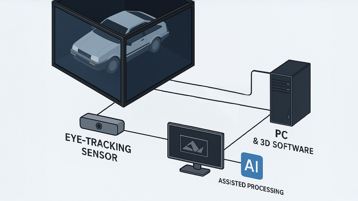 Diagramm des Display-Kastens mit Monitorflächen, Eye-Tracking-Kamera und Rechneranbindung