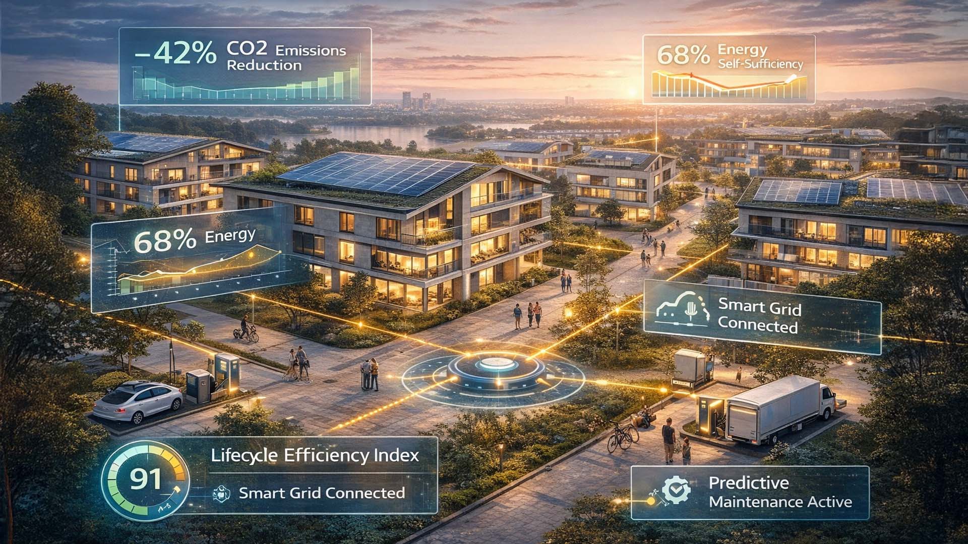 Sustainable housing district with real time energy and CO2 performance indicators