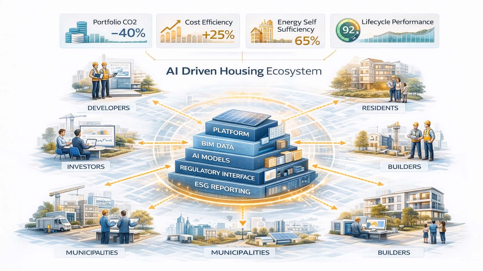 AI Driven Housing Ecosystem platform model connecting stakeholders and performance indicators