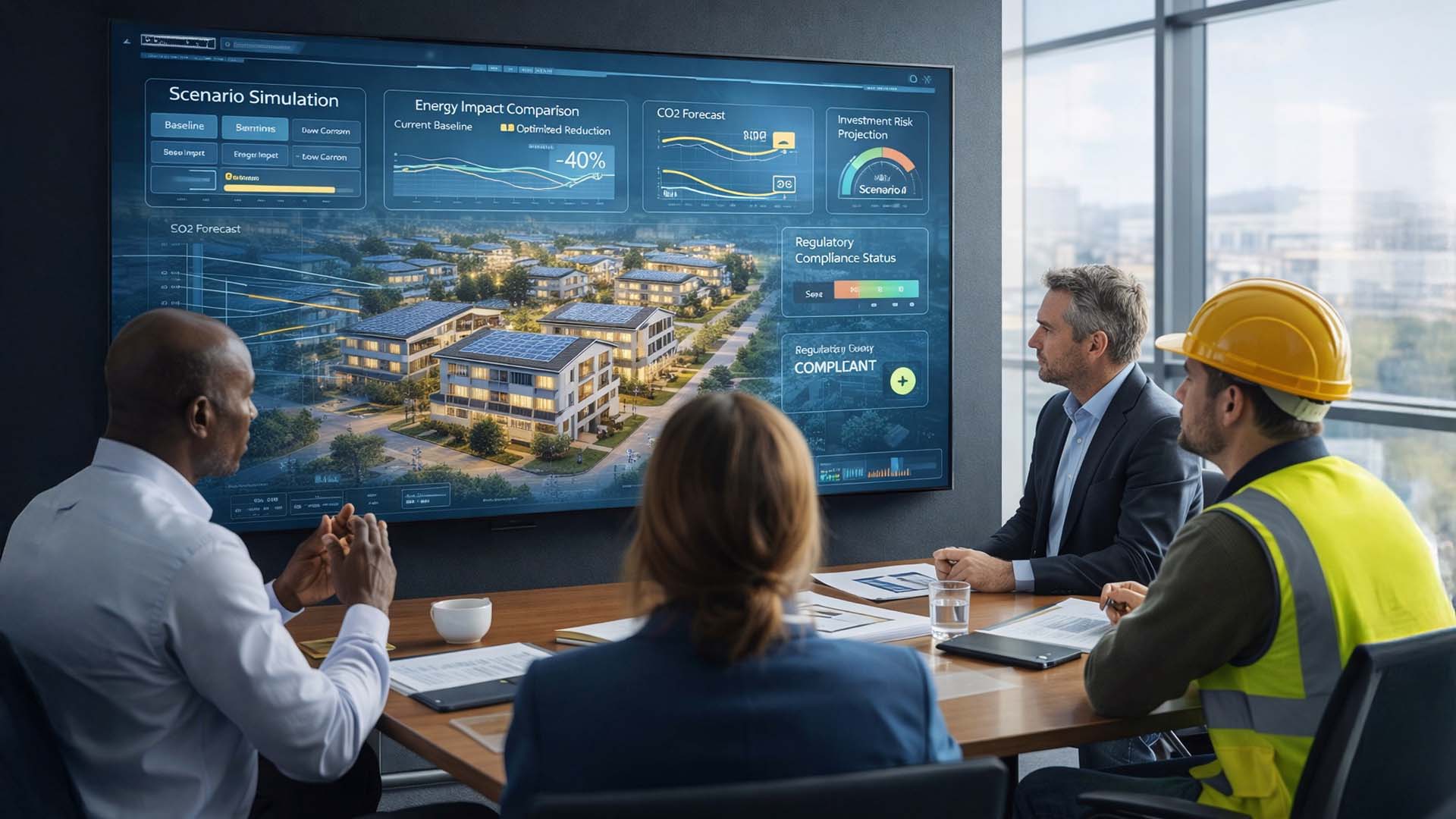 Strategic AI driven housing decision meeting with digital twin simulation screen
