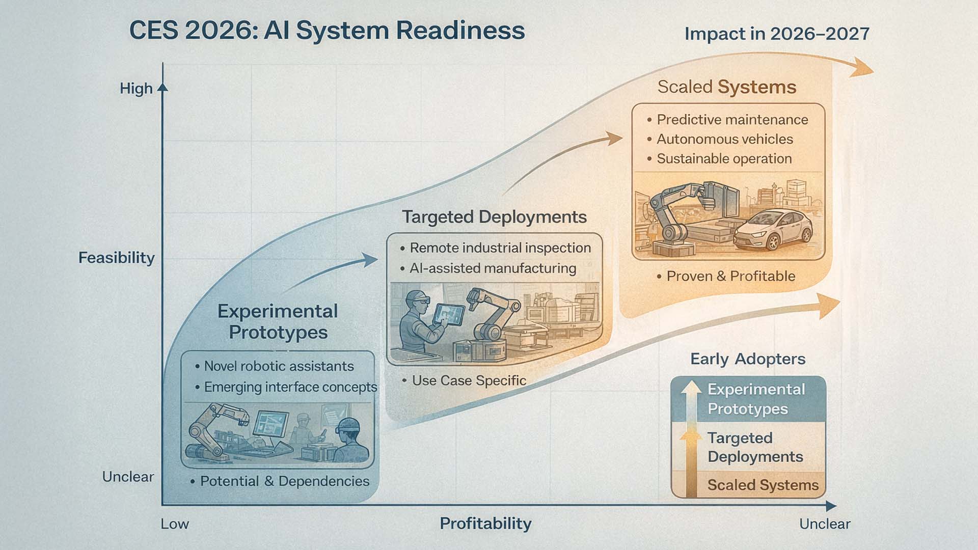 CES 2026 AI System Readiness Diagram showing progression from experimental prototypes to scaled systems across feasibility and profitability dimensions