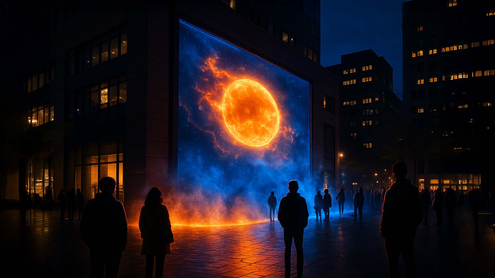 Immersive urban activation scene with digital storytelling and atmospheric effects