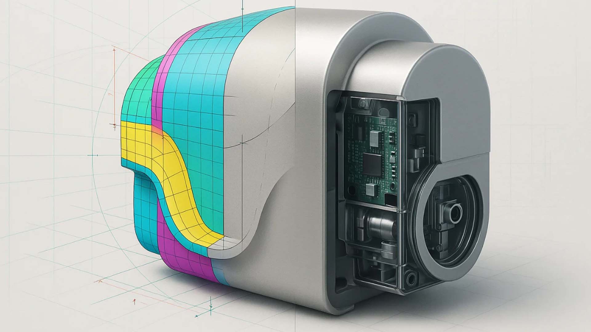 CAD to photoreal transformation: from construction data to realistic product visualization with transparent cutaway showing electronics and mechanics