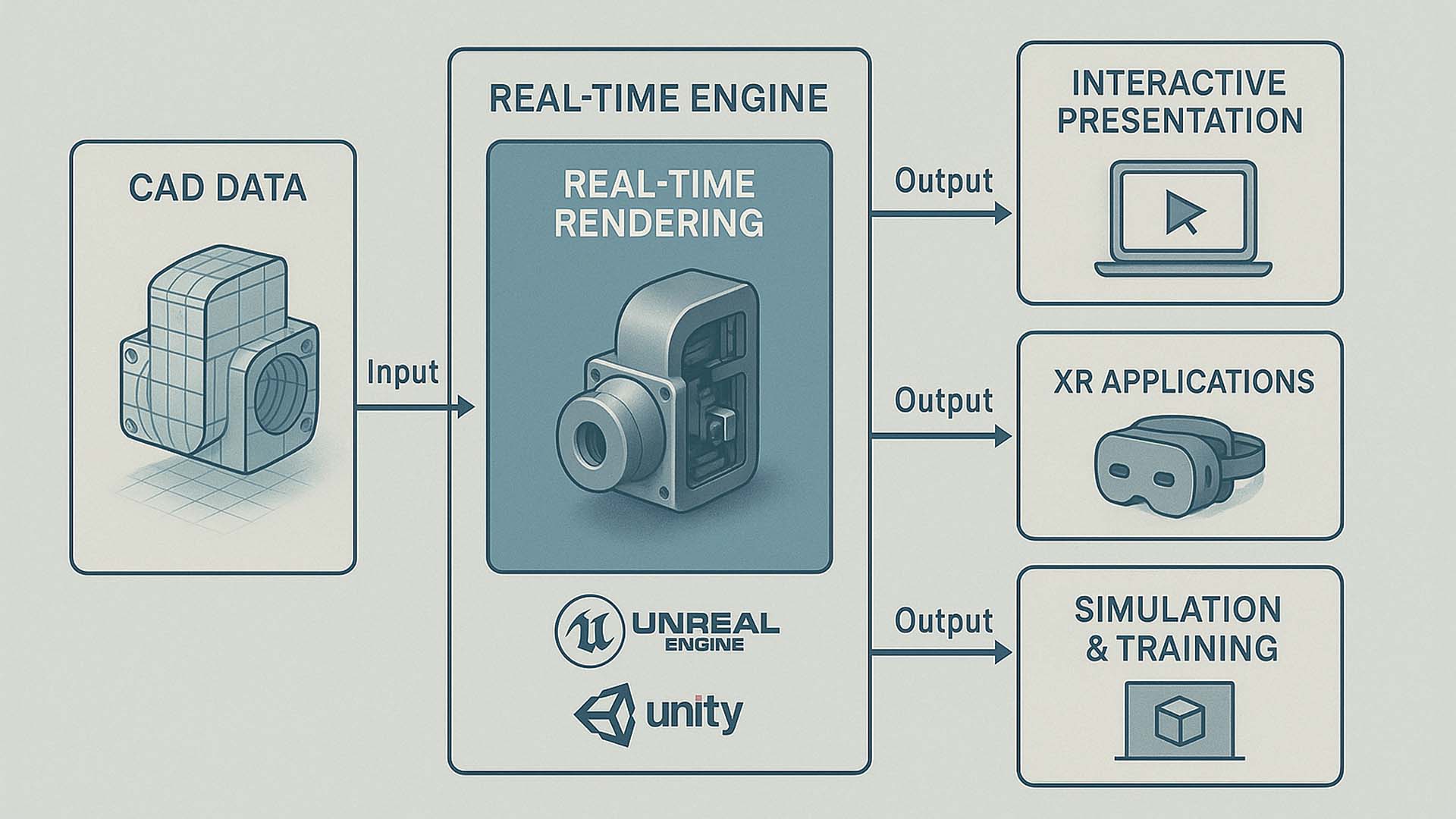 Real-time visualization architecture showing CAD data input, real-time rendering core and interactive outputs using game engines