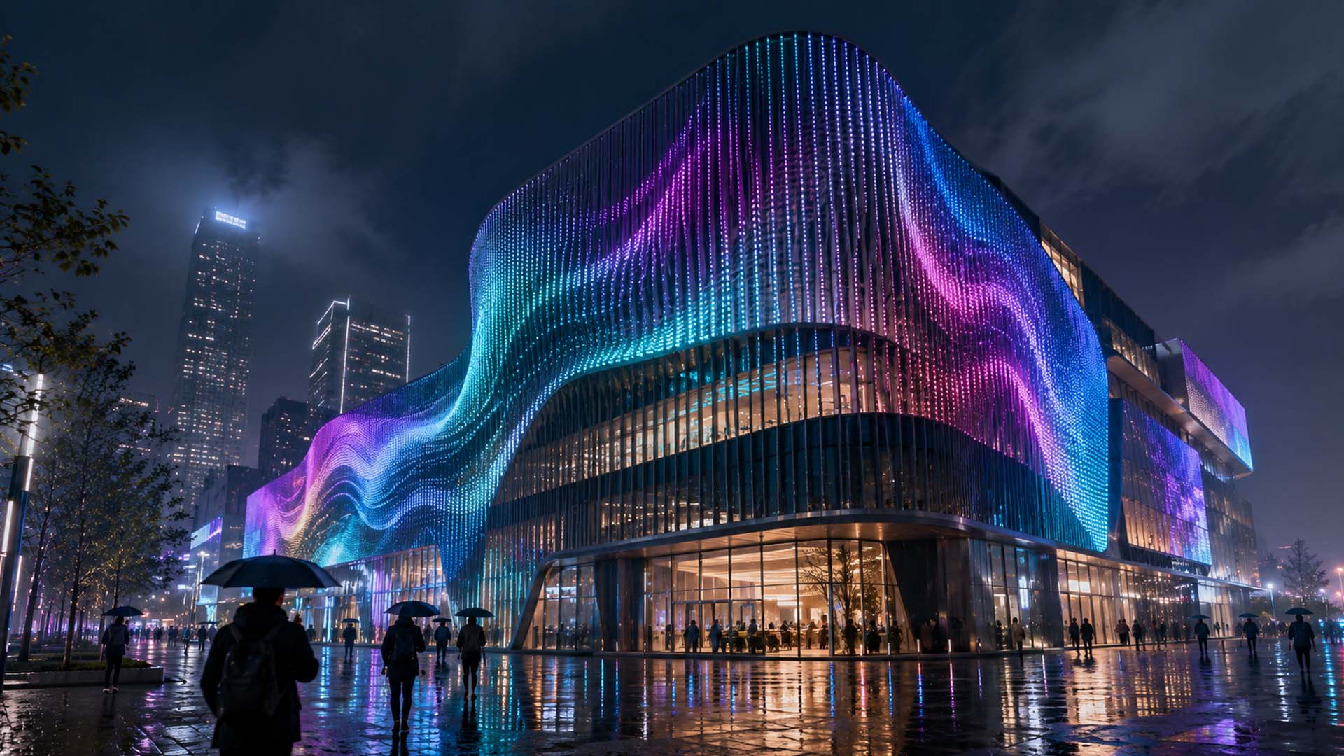 Adaptiver Raum mit dynamischer Architektur und immersiven Medienflächen