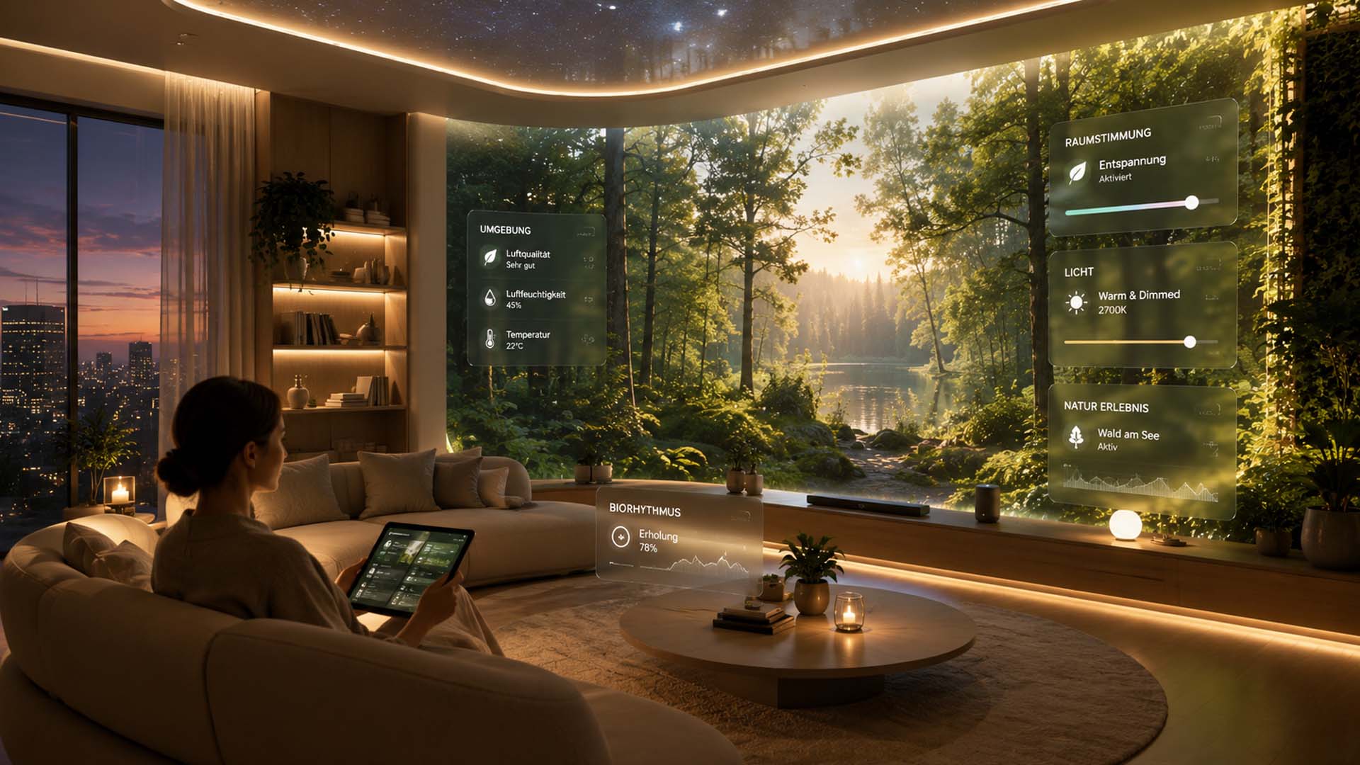 Realer Raum mit immersiven XR Ebenen und holografischen Architekturinformationen