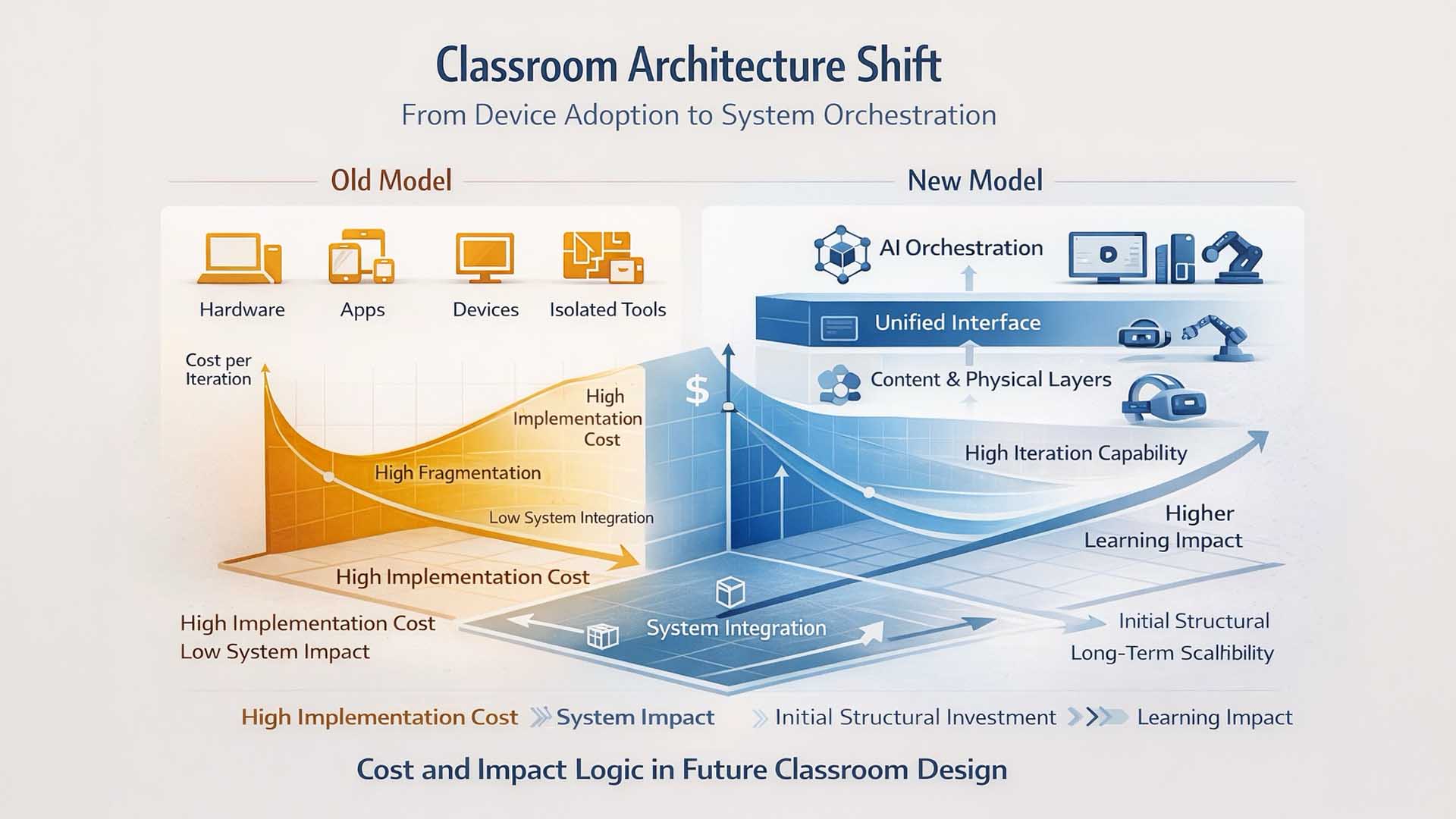 Classroom Architecture Shift – comparison between device-centered digitalization and systemic learning architecture