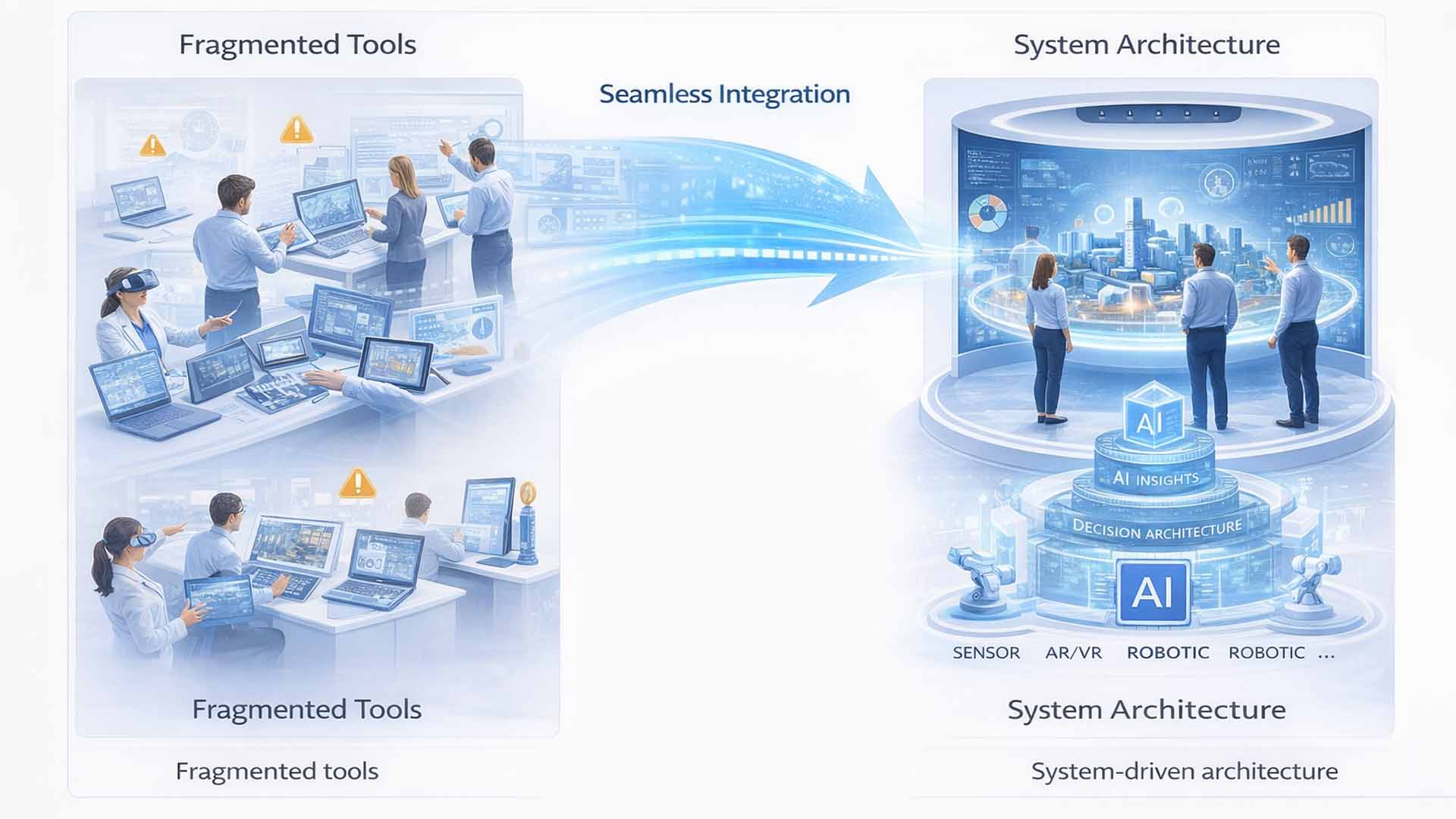 Fragmented Tools vs System Architecture – Seamless Integration durch KI-gestützte Decision Architecture mit Sensor, AR/VR und Robotic Layer