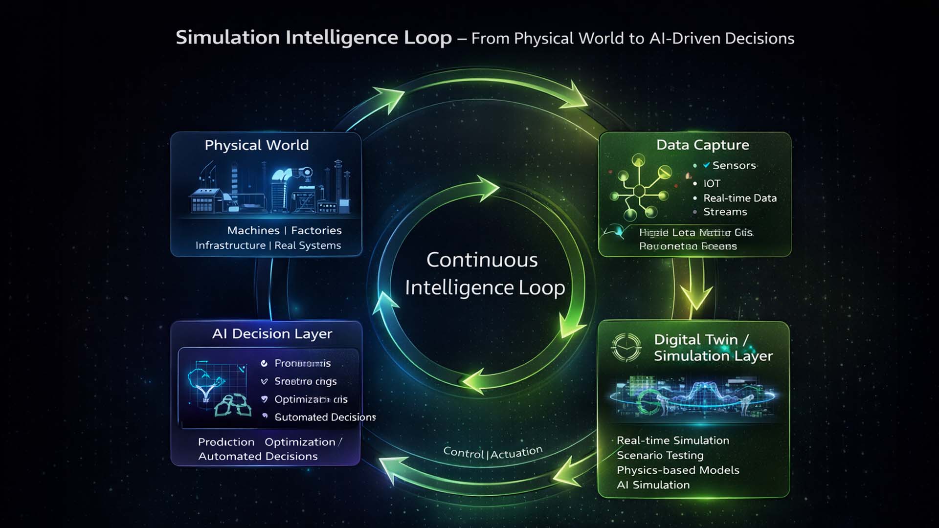 Simulation Intelligence Loop mit Physical World, Data Capture, Digital Twin und AI Decision Layer