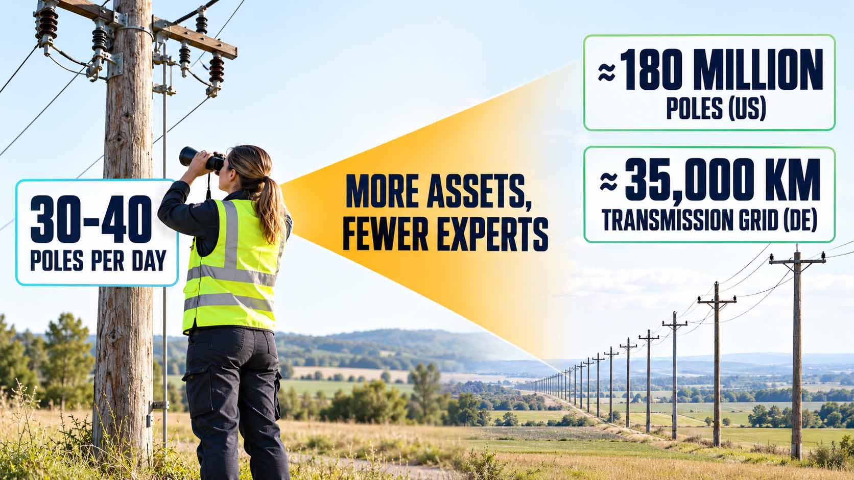 The Inspection Gap: More Assets, Fewer Experts Prüferin in gelber Warnweste steht mit einem Fernglas neben einem hölzernen Strommast in einer sommerlichen Agrarlandschaft und schaut zur Mastspitze. Eine Infotafel links nennt 30 bis 40 geprüfte Masten pro Tag. Von ihrem Blick aus öffnet sich ein orangefarbener Keil mit der Aufschrift More assets, fewer experts. Rechts zieht sich eine lange Reihe von Holzmasten bis zum Horizont, darüber zwei Infotafeln mit rund 180 Millionen Strommasten in den USA und rund 35.000 Kilometern Übertragungsnetz in Deutschland