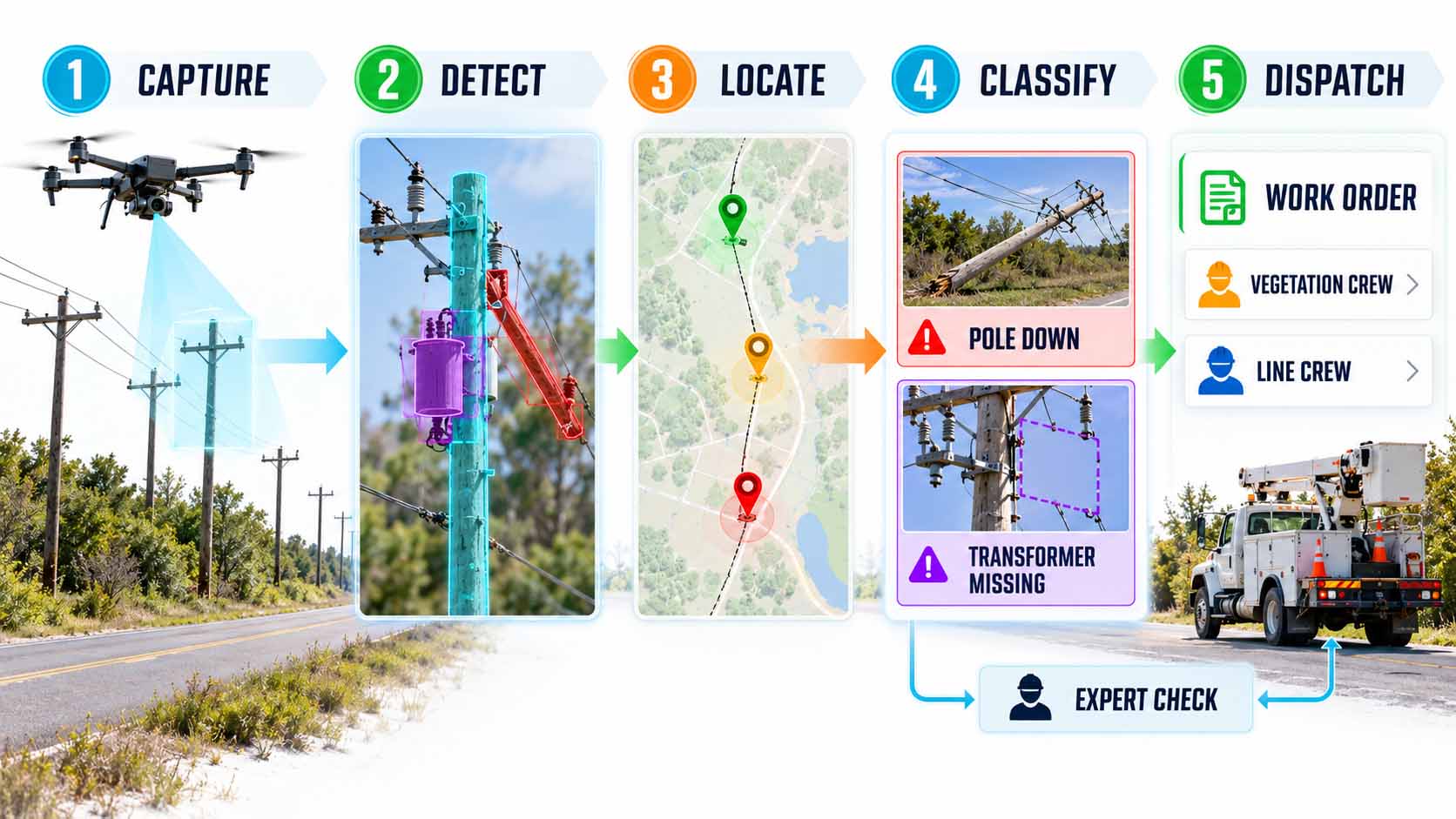 From Drone Footage to Work Order Fünfstufige Prozesskette entlang einer Landstraße mit Mastreihe. Unter Capture erfasst eine Drohne mit Kamerakegel einen Mast. Unter Detect sind Mast, Transformator und Querträger mit farbigen Masken markiert. Unter Locate zeigt eine Karte eine Leitungsroute mit grüner, gelber und roter Positionsnadel. Unter Classify stehen zwei Befundkarten, ein umgestürzter Mast mit Pole down und ein Mast mit leerer Halterung und Transformer missing. Unter Dispatch folgt ein Arbeitsauftrag mit Vegetation Crew und Line Crew sowie ein Einsatzfahrzeug mit Hubsteiger. Zwischen Klassifizierung und Einsatz liegt eine Schleife mit Expert Check