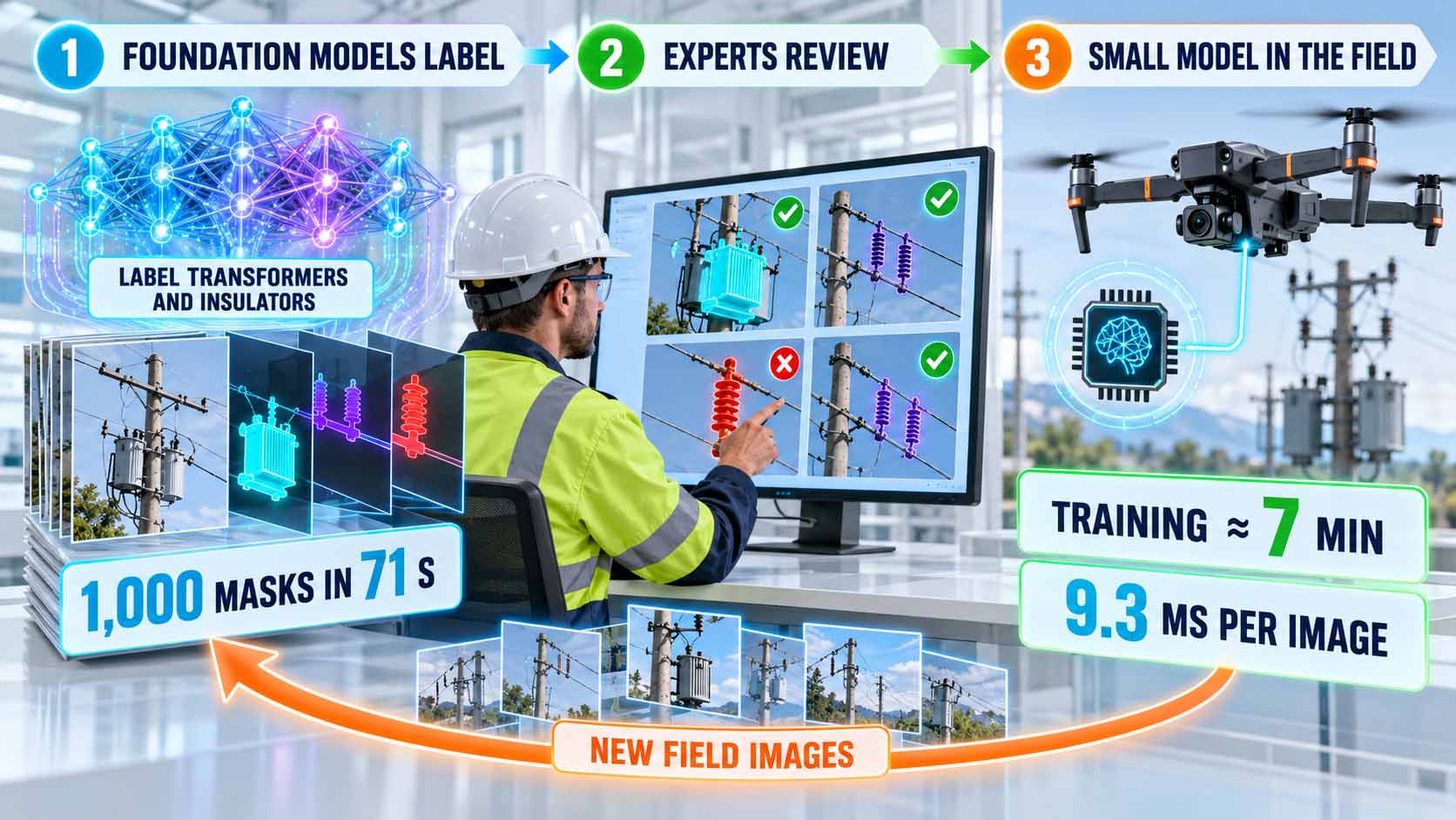 How an AI Inspection Model Learns Dreistufiger Arbeitsablauf in einem hellen Leitstand. Unter Foundation models label erzeugt ein leuchtendes neuronales Netz aus der Anweisung Label transformers and insulators einen Stapel Bilder mit farbigen Masken, Kennzahl 1.000 Masken in 71 Sekunden. Unter Experts review prüft ein Techniker mit Helm und Warnweste am Monitor vier markierte Bilder, drei mit grünem Haken, eines mit rotem Kreuz. Unter Small model in the field sitzt ein kompakter KI-Chip an einer Inspektionsdrohne vor Strommasten, Kennzahlen Training etwa 7 Minuten und 9,3 Millisekunden pro Bild. Ein orangefarbener Rückpfeil mit New field images führt neue Feldaufnahmen zurück zum Anfang