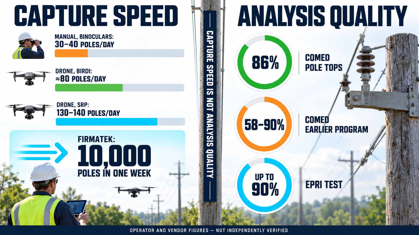 Capture Speed vs. Analysis Quality Zweigeteilte Infografik vor Strommasten und Bäumen. Links unter Capture Speed vergleichen Balken die Erfassungsraten: manuell mit Fernglas 30 bis 40 Masten pro Tag, Drohne bei Birdi rund 80, Drohne bei SRP 130 bis 140, dazu ein hervorgehobener Kasten Firmatek mit 10.000 Masten in einer Woche und ein Techniker mit Tablet. Ein senkrechter Mast in der Mitte trägt die Aufschrift Capture speed is not analysis quality. Rechts unter Analysis Quality zeigen drei Ringdiagramme 86 Prozent für die ComEd-Mastspitzenanalyse, 58 bis 90 Prozent für das frühere ComEd-Programm und bis zu 90 Prozent im EPRI-Test. Eine Fußleiste weist darauf hin, dass es sich um Angaben von Betreibern und Herstellern handelt, die nicht unabhängig geprüft sind