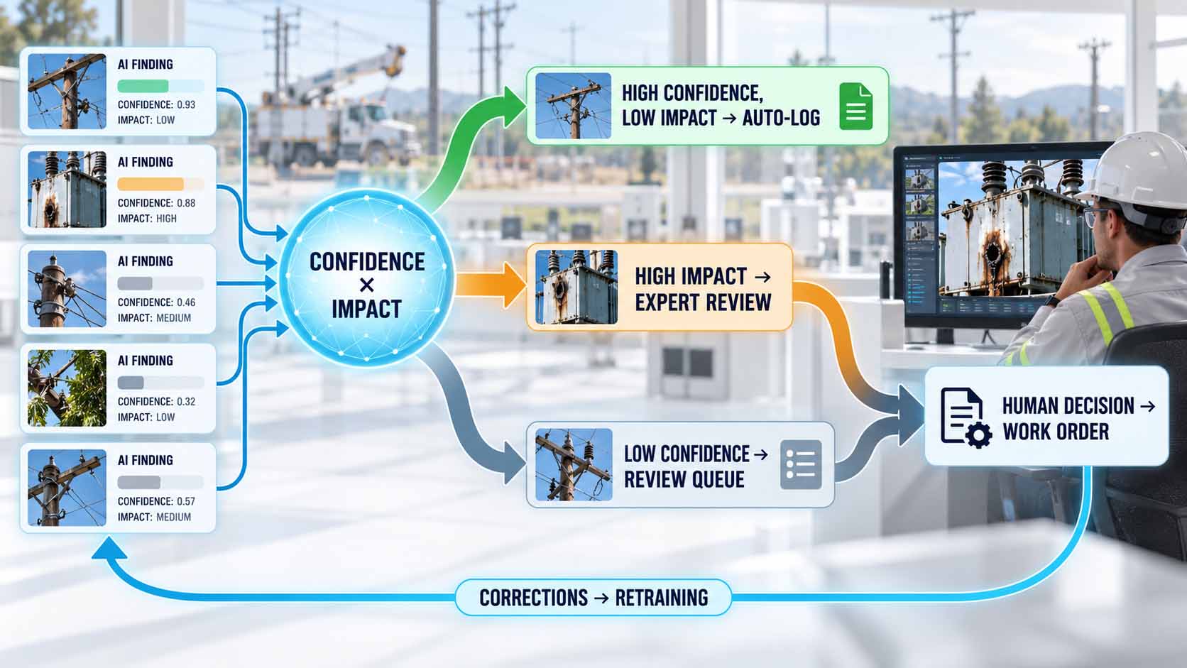 Human Review of Uncertain AI Findings Fünf KI-Befundkarten mit Mastbildern, Konfidenzwerten zwischen 0,32 und 0,93 und der Tragweite niedrig, mittel oder hoch laufen in einen leuchtenden Knoten Confidence × Impact. Daraus führen drei Pfade: grün High confidence, low impact zur automatischen Dokumentation, orange High impact zur Prüfung durch eine Fachkraft, grau Low confidence in eine Prüfwarteschlange. Ein Techniker mit Helm betrachtet am Monitor einen korrodierten Transformator. Die beiden unteren Pfade münden in Human decision und Work order, ein blauer Rückpfeil Corrections → Retraining führt zurück zu den Befunden
