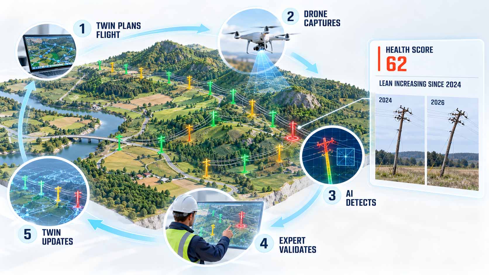 Digital Twin of the Power Grid Dreidimensionale Landschaftskarte mit Hügeln, Fluss, Brücke und Leitungstrassen, deren Masten nach Zustand grün, gelb und rot eingefärbt sind. Ein Kreislauf aus fünf runden Stationen umgibt die Karte: Twin plans flight mit Flugplanung am Laptop, Drone captures mit scannender Drohne, AI detects mit markiertem Mast, Expert validates mit einem Techniker am Tablet und Twin updates mit aktualisiertem Netzmodell. Rechts zeigt ein Infopanel zu einem rot markierten Mast den Health Score 62, den Hinweis Lean increasing since 2024 und zwei Aufnahmen desselben Mastes aus 2024 und 2026 mit zunehmender Neigung