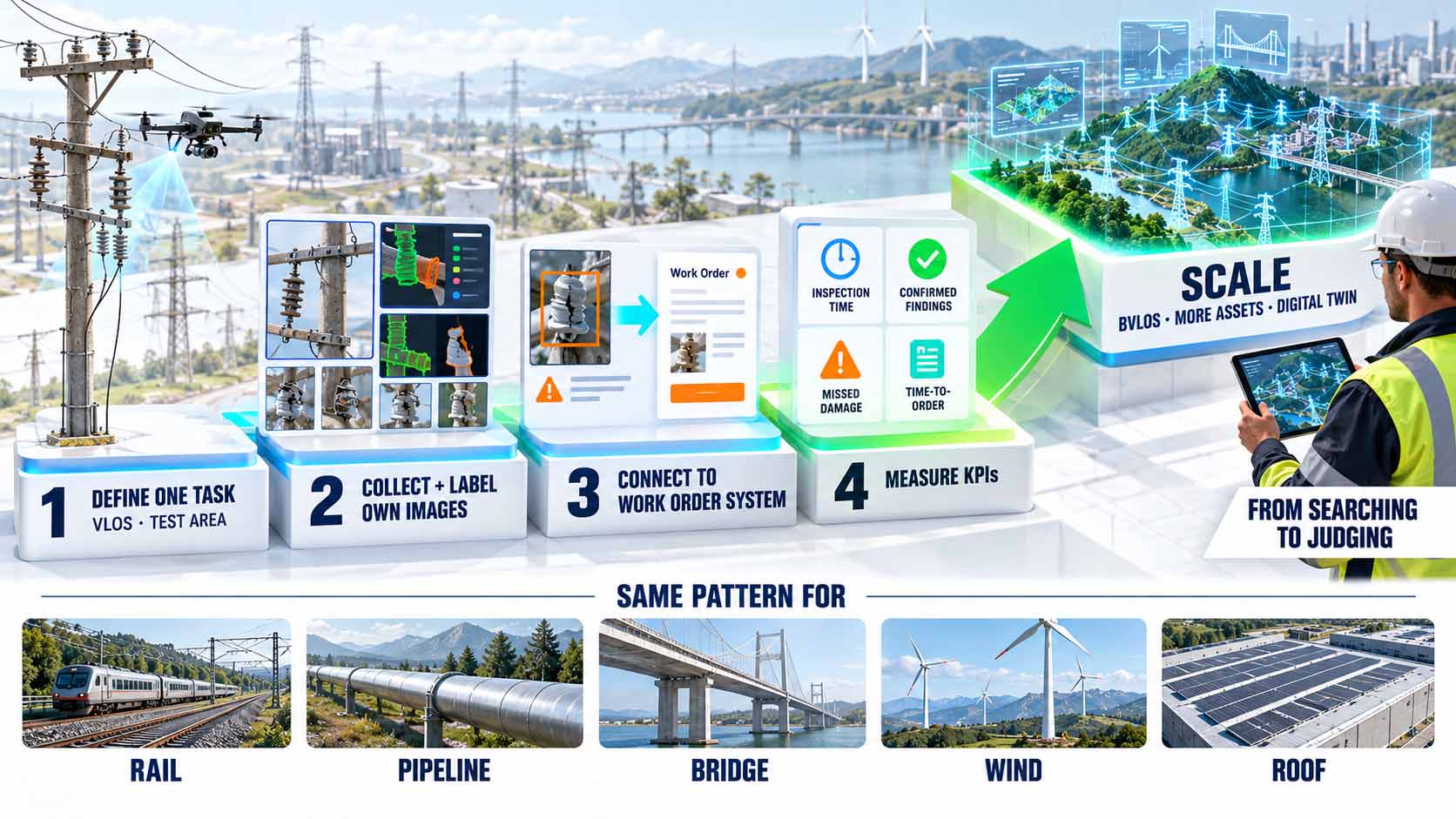 From Pilot Project to Scaled Operations Stufenplan auf hellen Podesten vor einer Industrielandschaft mit Masten, Brücke und Windrädern. Stufe 1 Define one task, VLOS und Testgebiet, mit Drohne an einem Mast. Stufe 2 Collect and label own images mit markierten Isolatorbildern. Stufe 3 Connect to work order system mit Befund und Arbeitsauftrag. Stufe 4 Measure KPIs mit den Kacheln Inspection time, Confirmed findings, Missed damage und Time-to-order. Ein grüner Pfeil führt zur erhöhten Stufe Scale mit BVLOS, more assets und digital twin. Ein Techniker mit Tablet steht unter dem Satz From searching to judging. Eine untere Leiste zeigt unter Same pattern for die Anwendungsfelder Rail, Pipeline, Bridge, Wind und Roof