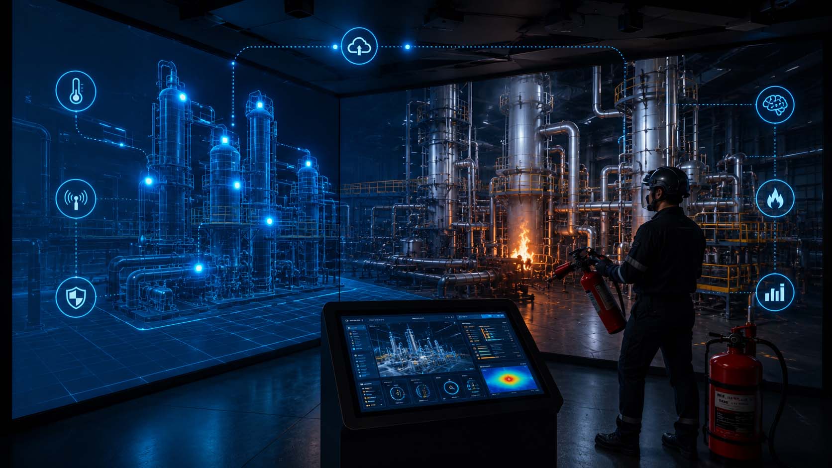 Industrie Brandschutztraining mit digitalem Zwilling und Echtzeitsimulation
