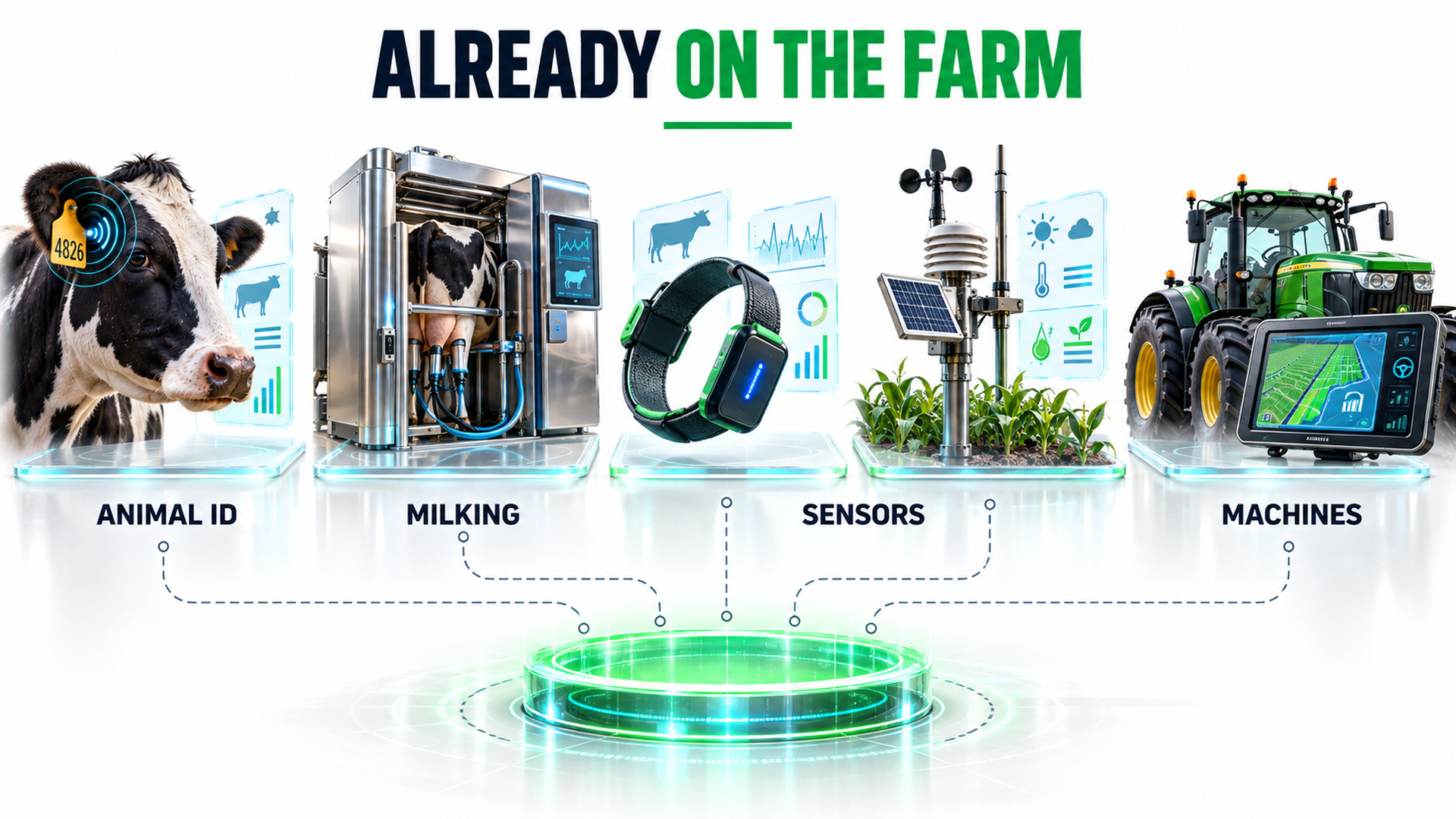 Infografik auf weißem Hintergrund: oben links die Überschrift ALREADY ON THE FARM, darunter fünf hellgraue Kacheln in einer Reihe mit klaren Symbolen für Ohrmarke, Melkroboter, Aktivitätshalsband, Wetterstation und Traktor-Terminal, beschriftet mit ANIMAL ID, MILKING, SENSORS und MACHINES; von jeder Kachel führt eine unterbrochene, gestrichelte Linie zu einem leeren grünen Kreis in der Bildmitte; große, gut lesbare Schrift, keine Logos