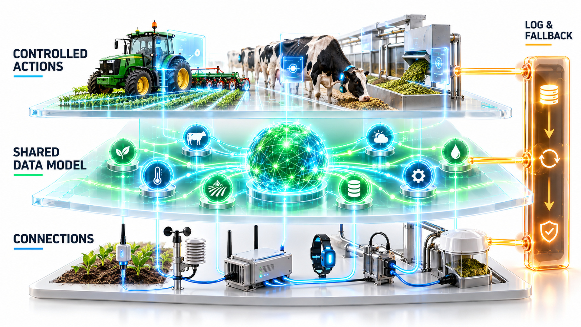 Infografik auf weißem Hintergrund: drei breite, waagerechte Ebenen übereinander, unten Stecker- und Gerätesymbole mit der Beschriftung CONNECTIONS, in der Mitte grün hervorgehoben ein Netz verbundener Punkte mit der Beschriftung SHARED DATA MODEL, oben Symbole für Auftrag und Maschine mit der Beschriftung CONTROLLED ACTIONS; rechts eine senkrechte Klammer über alle Ebenen mit Protokollsymbol und der Beschriftung LOG & FALLBACK; große, gut lesbare Schrift, keine Logos