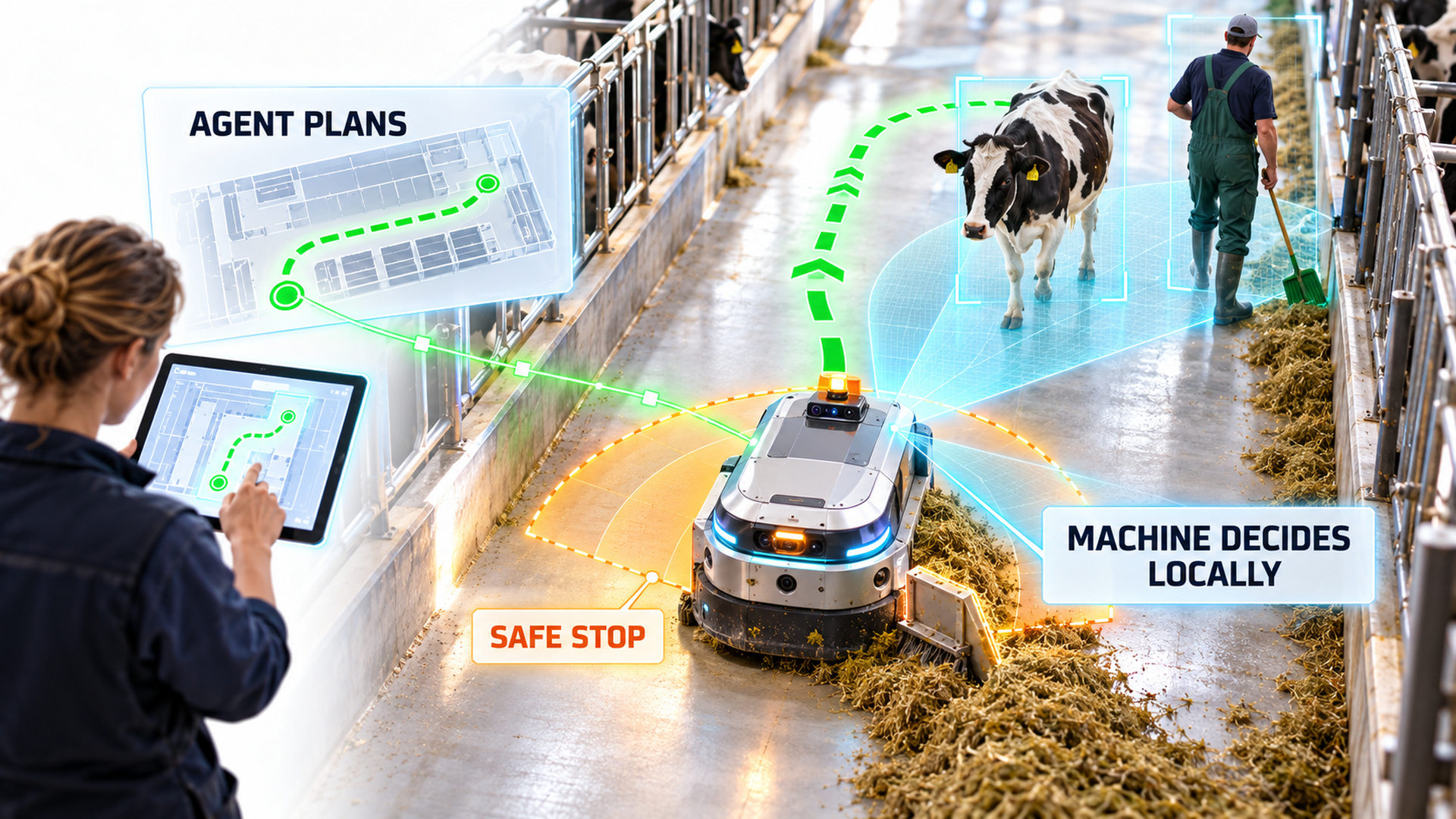 Infografik auf weißem Hintergrund in Draufsicht: ein Futterschieber-Roboter in einem schlichten Futtergang mit einer grün gestrichelten Route, auf der eine Kuh und eine Person stehen; um den Roboter ein bernsteinfarbener Halbkreis mit der Beschriftung SAFE STOP; oben eine Planungskarte mit der Beschriftung AGENT PLANS, von der ein Pfeil zum Roboter führt, am Roboter die Beschriftung MACHINE DECIDES LOCALLY; große, gut lesbare Schrift, keine Logos