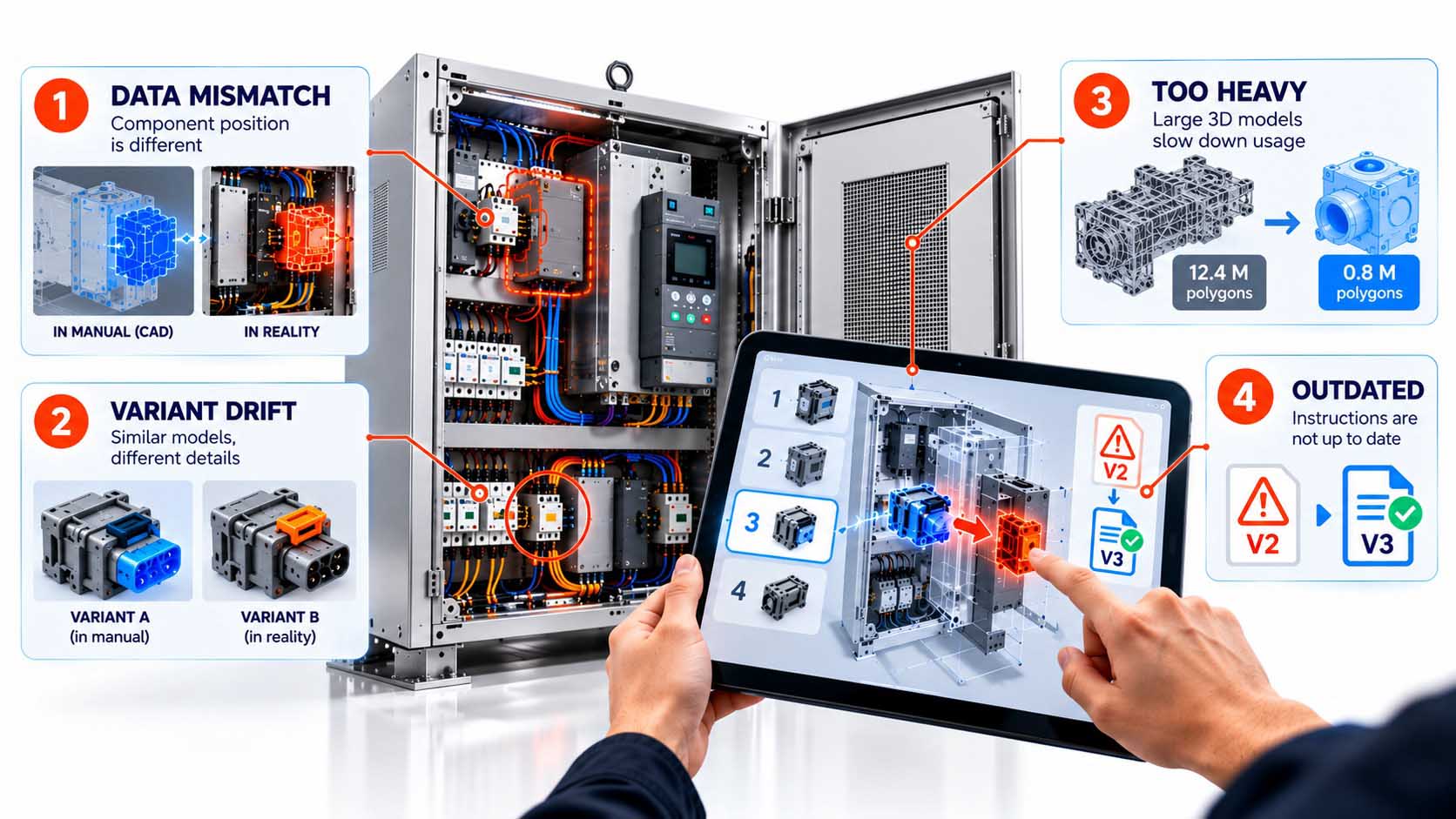 Infografik vor dunklem, anthrazitfarbenem Hintergrund: ein halbtransparentes 3D-Modell einer Baugruppe steht auf einer Plattform, die von vier Säulen getragen wird, jede mit einem schlichten, hellgrauen Symbol für Datenqualität, Pflegeaufwand, Varianten und Gestaltung; eine der Säulen ist leicht rissig dargestellt, wodurch die Plattform sichtbar schief steht