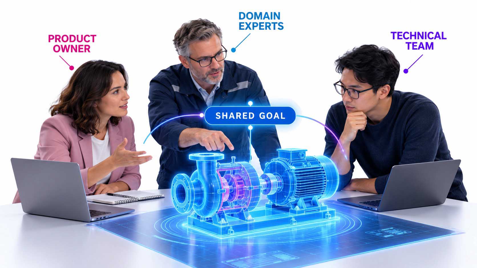 Wissenschaftliche Infografik vor dunklem, anthrazitfarbenem Hintergrund: ein gleichseitiges Dreieck aus feinen cyanfarbenen Linien, in dessen Mitte ein leuchtender, halbtransparenter Würfel mit der Beschriftung DIGITALER ZWILLING schwebt; an den drei Ecken jeweils ein schlichtes Symbol mit Beschriftung: oben ein Personensymbol mit Stern PRODUCT OWNER, ZIEL UND RICHTUNG, links unten eine Personengruppe FACHABTEILUNG, PRODUKTWISSEN, rechts unten Werkzeugsymbole SPEZIALTEAM, TECHNIK UND UMSETZUNG; keine Logos
