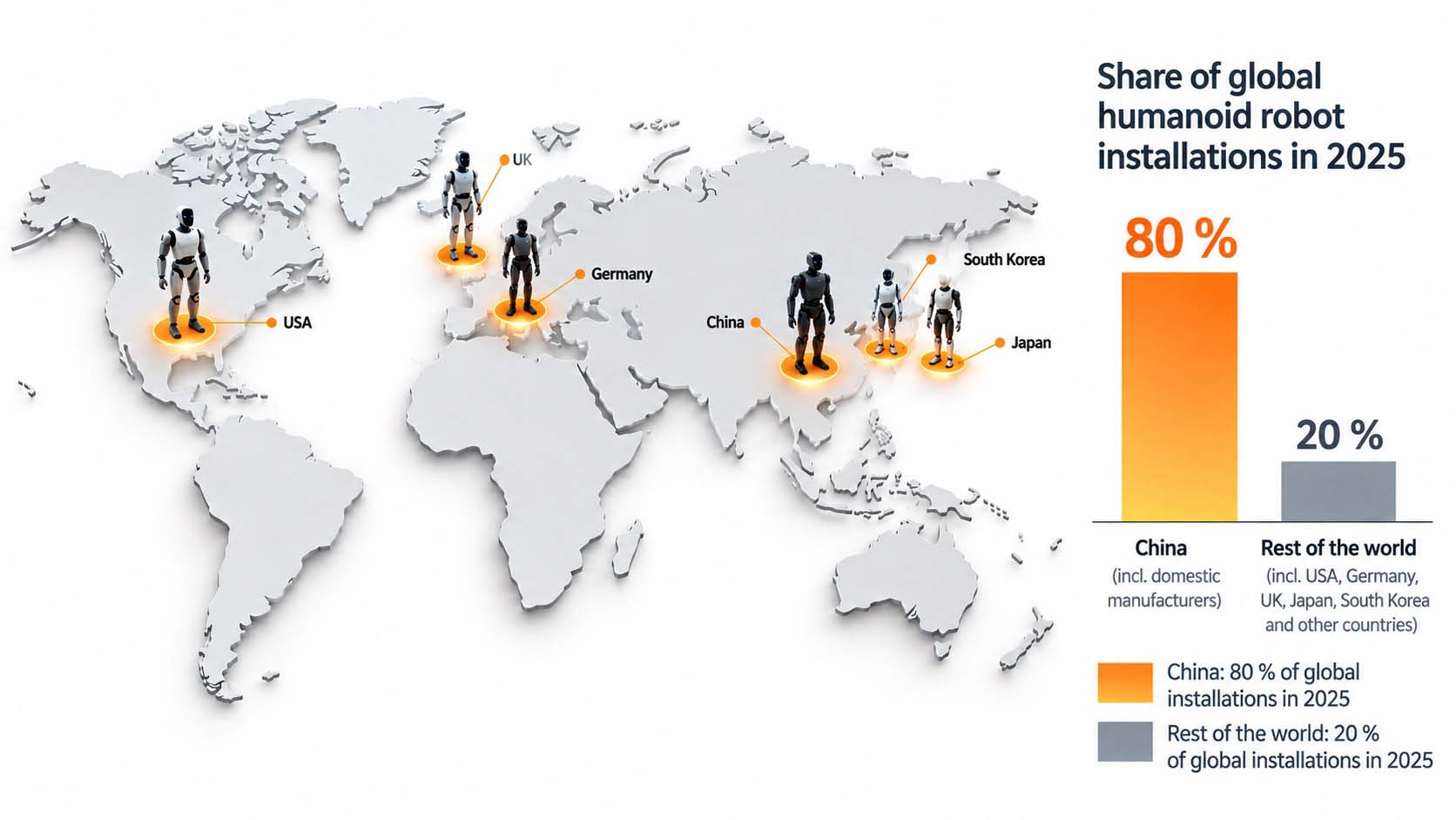 Weltkarte-Infografik mit Standortpunkten der wichtigsten Hersteller humanoider Roboter in den USA, China, Deutschland, Großbritannien, Japan und Korea, daneben ein kleines Balkendiagramm zu Marktanteilen nach Stückzahl 2025