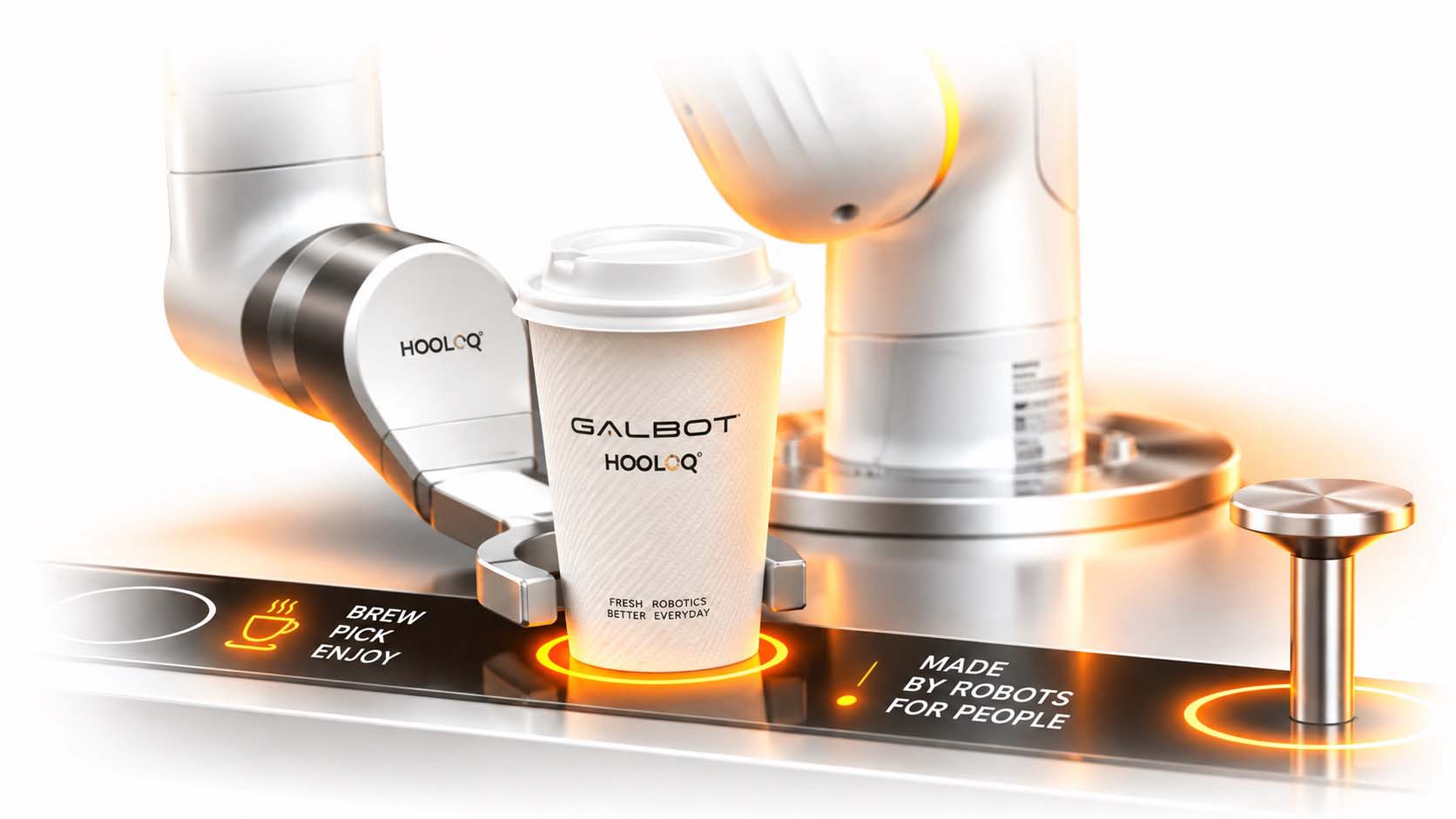Nahaufnahme eines fertigen Kaffeebechers mit der Aufschrift GALBOT und HOOLOO, der auf dem beleuchteten, lila leuchtenden Übergabepunkt der Theke steht, links der Greifarm, der ihn dort abgestellt hat, im Hintergrund weitere Roboterarme und die Ausgabestationen mit der Beschriftung HOOLOO POWER