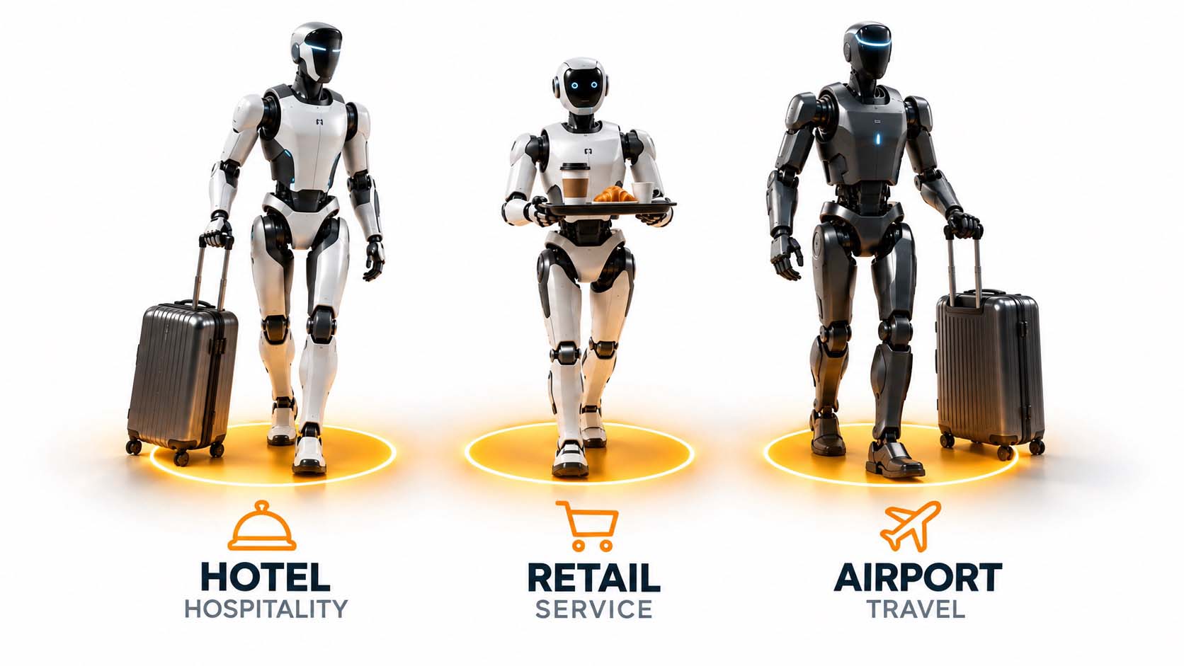 Kollage aus drei Szenenbildern, ein Concierge-Roboter in einer Hotellobby, ein Pepper-Roboter im Einzelhandelsregalgang, ein Lieferroboter zwischen Restauranttischen, einheitliche Bildsprache in gedeckten Blautönen