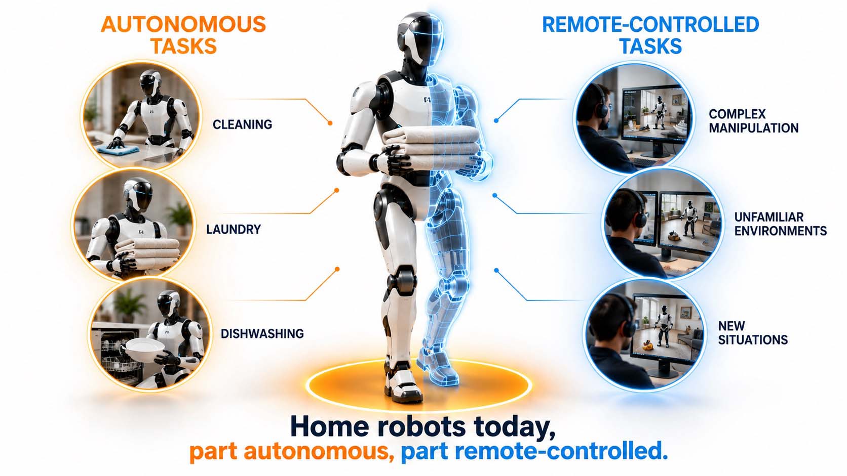Ein humanoider Roboter im Wohnzimmer-Setting beim Einräumen von Geschirr, darüber halbtransparent eingeblendet ein VR-Headset-Symbol mit gestrichelter Linie zu einem entfernten Bildschirm-Arbeitsplatz, als Visualisierung der Fernsteuerung