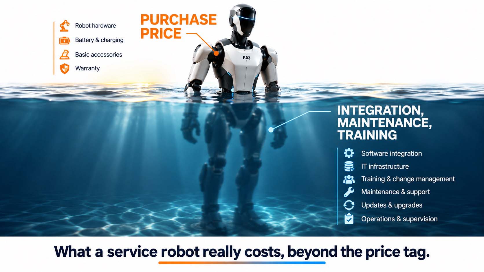 Eisberg-Diagramm, oben sichtbar der Anschaffungspreis eines Roboters, unter der Wasserlinie deutlich größer dargestellt die versteckten Kosten für Integration, Wartung, Schulung und Rückfallprozesse