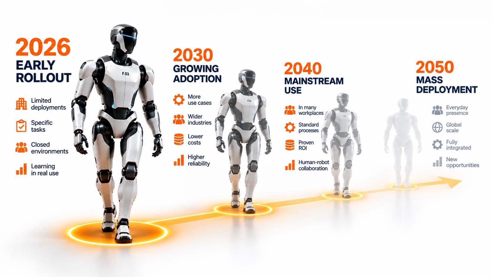 Zeitachsen-Grafik von 2026 bis 2050 mit drei parallelen Bändern für Industrie, Gewerbe/Service und Privathaushalt, die den jeweils erwarteten Reifegrad nach Jahr markieren