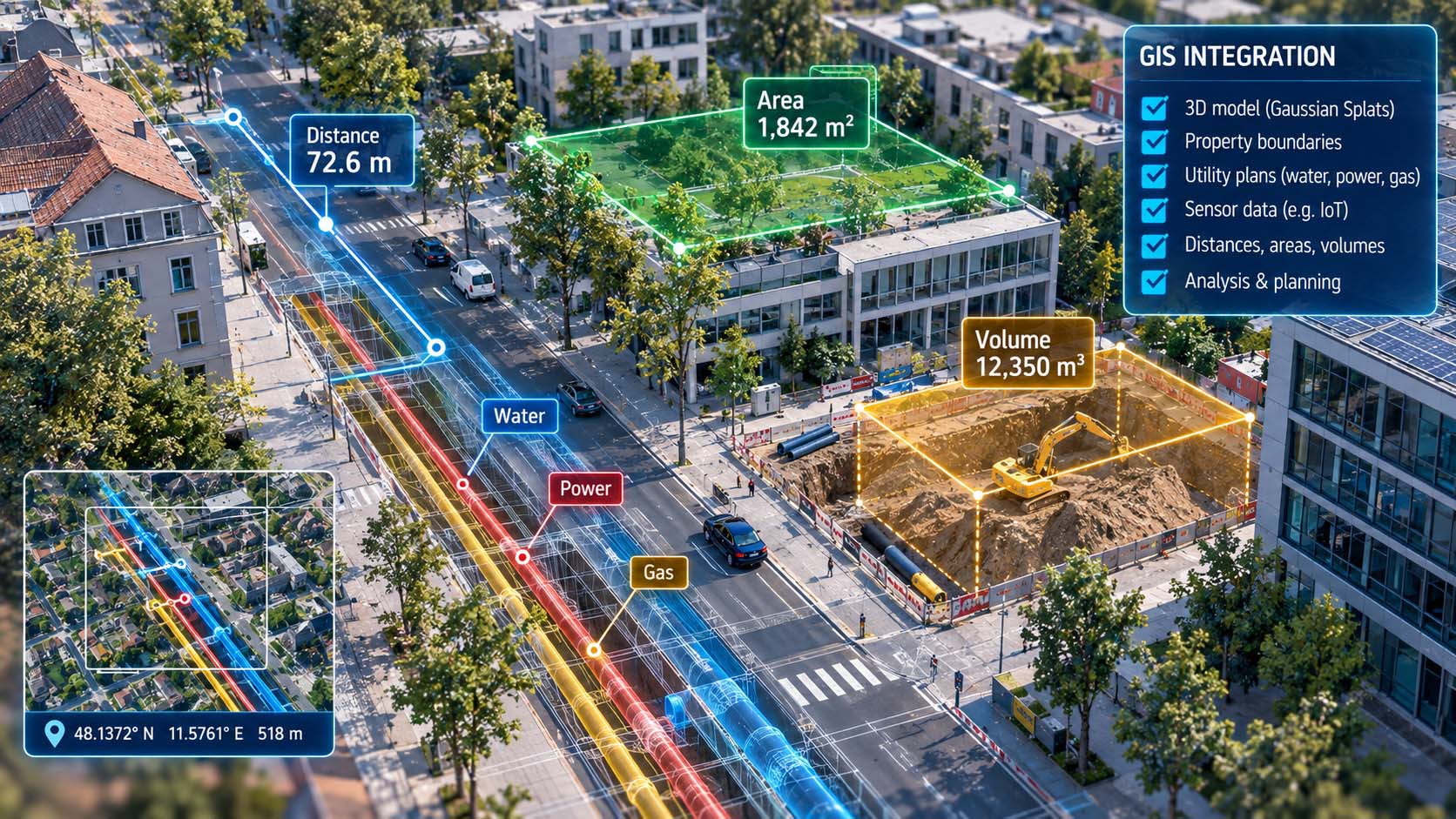 Isometrische Illustration einer Straßenszene, in der halbtransparente Messlinien, Flächenmarkierungen und ein Leitungsplan direkt über das fotorealistische 3D-Modell gelegt sind