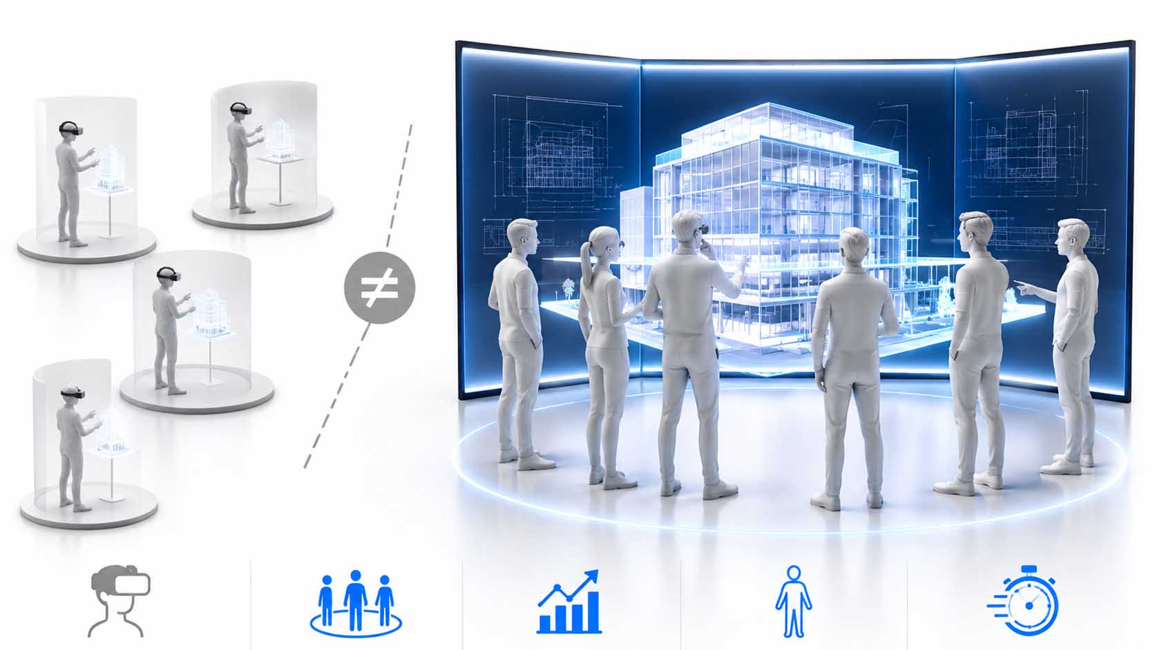 Gruppe von schematischen Figuren auf dunklem Hintergrund, die gemeinsam vor derselben leuchtenden Displayfläche stehen und auf ein digitales Modell blicken, ohne Headsets oder Controller, im Kontrast dazu grau abgesetzt einzelne isolierte Figuren mit Headsets an separaten Stationen
