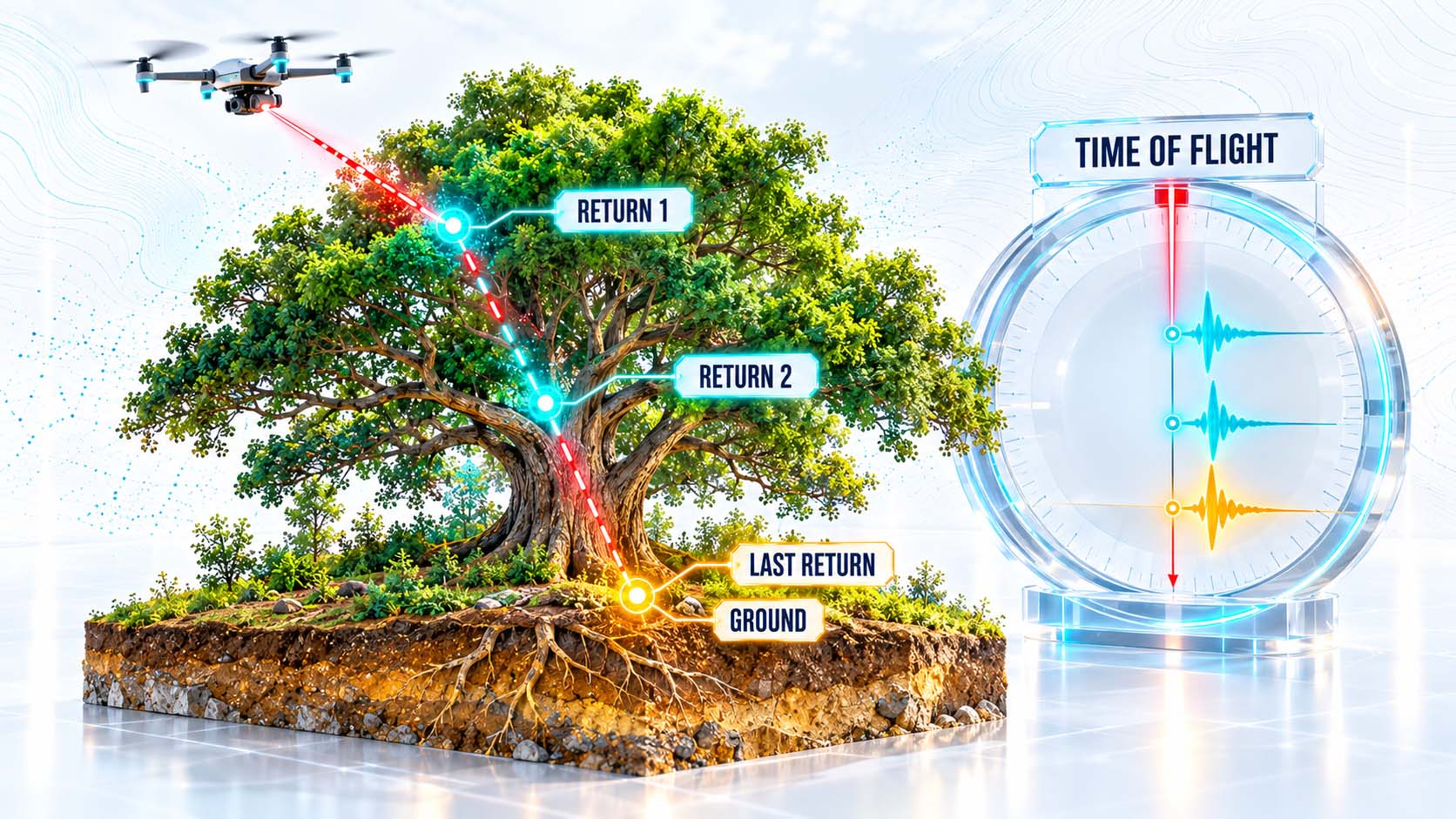 Infografik auf weißem Hintergrund im Format 16:9: links oben eine kleine Drohne, von der ein roter Laserstrahl schräg nach unten durch einen stilisierten Baum mit grüner Krone führt; am Strahl drei kleine Punkte an Krone, Ast und Boden mit den Beschriftungen RETURN 1, RETURN 2 und LAST RETURN; der Bodenpunkt bernsteinfarben hervorgehoben mit der Beschriftung GROUND; rechts eine kleine Uhr mit der Beschriftung TIME OF FLIGHT; große, gut lesbare Schrift, keine Logos