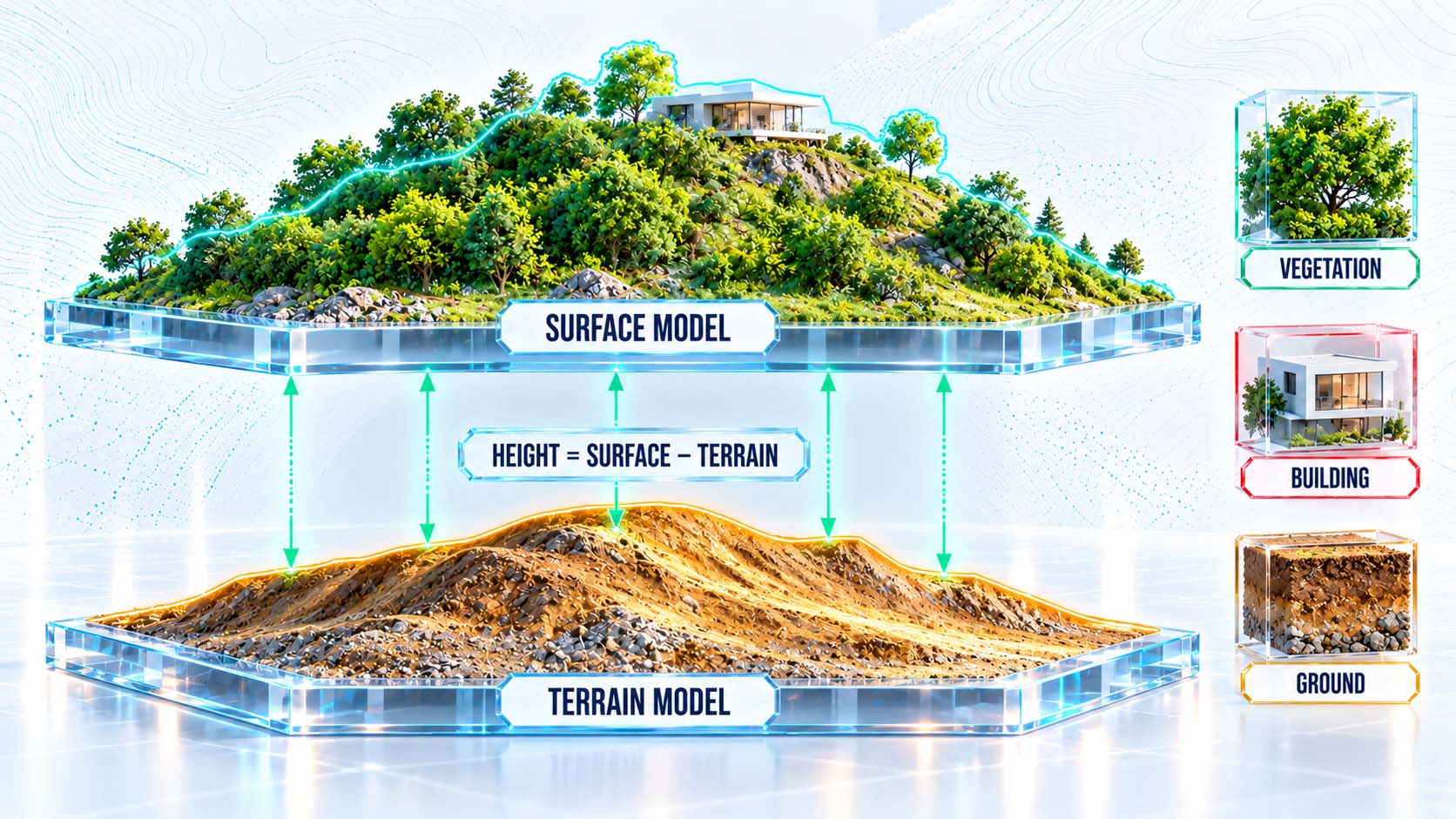 Infografik auf weißem Hintergrund im Format 16:9: zwei Querschnitte desselben Hügels übereinander; oben eine Linie über Baumkronen und ein Hausdach mit der Beschriftung SURFACE MODEL, unten eine glatte ockerfarbene Linie entlang des Bodens mit der Beschriftung TERRAIN MODEL; dazwischen grüne senkrechte Pfeile mit der Beschriftung HEIGHT = SURFACE MINUS TERRAIN; rechts drei kleine farbige Quadrate in Grün, Rot und Ocker mit den Beschriftungen VEGETATION, BUILDING, GROUND; große, gut lesbare Schrift, keine Logos