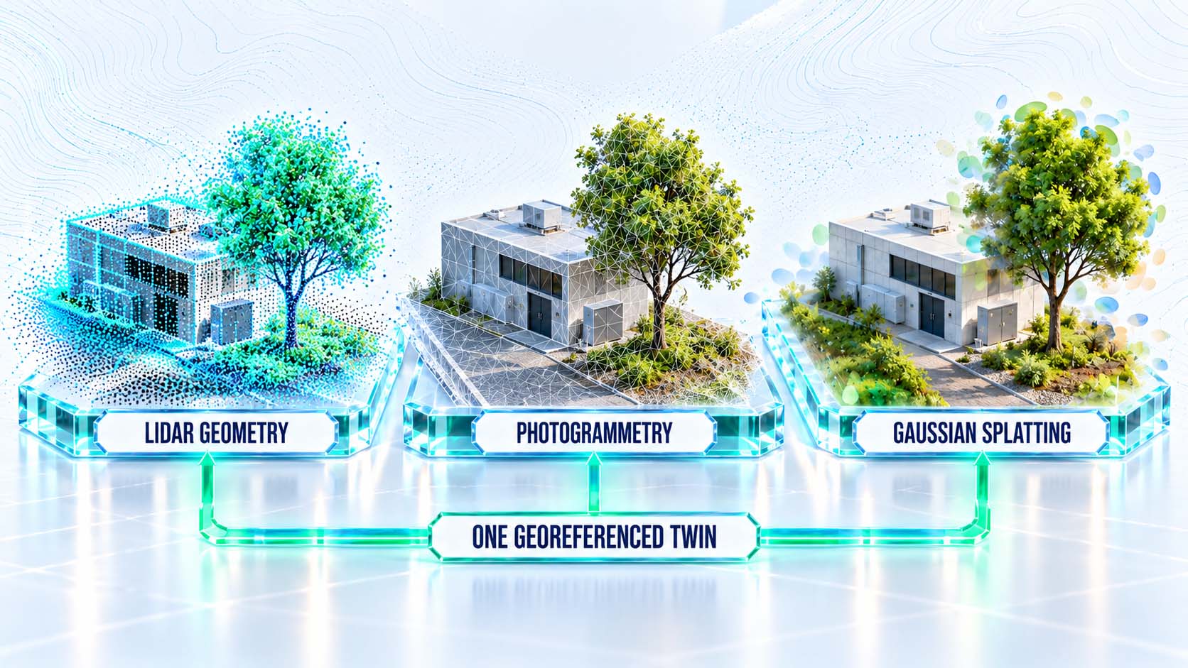 Infografik auf weißem Hintergrund im Format 16:9: dasselbe kleine Gebäude mit Baum dreimal nebeneinander; links als graue Punktwolke mit sichtbaren Bodenpunkten unter dem Baum und der Beschriftung LIDAR GEOMETRY, in der Mitte als Dreiecksnetz mit Fototextur und der Beschriftung PHOTOGRAMMETRY, rechts als weiche, fotorealistische Darstellung aus farbigen Ellipsen und der Beschriftung GAUSSIAN SPLATTING; darunter ein grüner Balken, der alle drei verbindet, mit der Beschriftung ONE GEOREFERENCED TWIN; große, gut lesbare Schrift, keine Logos