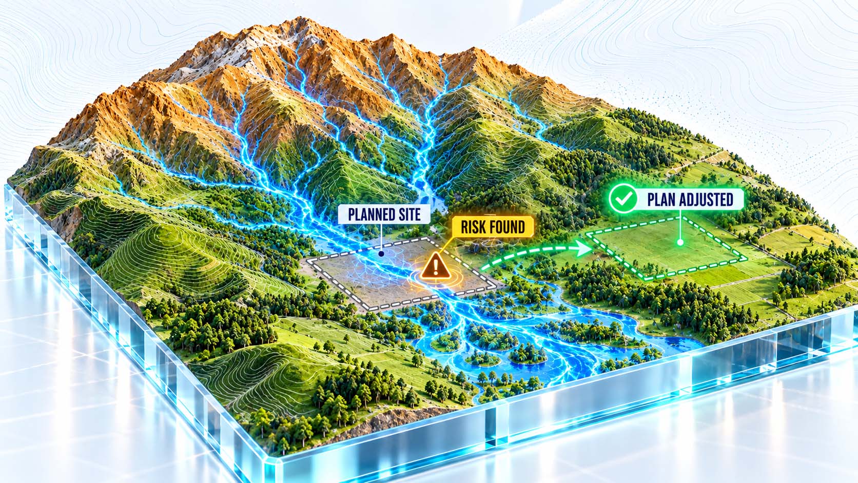 Infografik auf weißem Hintergrund im Format 16:9: ein farbcodiertes Geländerelief von Braun auf der Bergspitze bis Grün in der Ebene mit verzweigten blauen Abflusslinien; in der Ebene ein grau gestricheltes Rechteck mit der Beschriftung PLANNED SITE, das von einer blauen Linie gekreuzt wird; daneben ein bernsteinfarbenes Warndreieck mit der Beschriftung RISK FOUND, rechts ein grünes Häkchen mit der Beschriftung PLAN ADJUSTED; große, gut lesbare Schrift, keine Logos