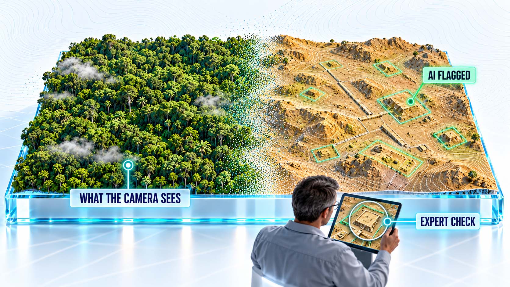 Infografik auf weißem Hintergrund im Format 16:9: links ein grünes Waldgebiet von oben mit der Beschriftung WHAT THE CAMERA SEES, rechts dasselbe Gebiet als ockerfarbenes Geländemodell mit klar erkennbaren rechteckigen Strukturen und geraden Linien, einige davon grün umrandet mit der Beschriftung AI FLAGGED; darunter eine kleine Person mit Lupe und der Beschriftung EXPERT CHECK; große, gut lesbare Schrift, keine Logos