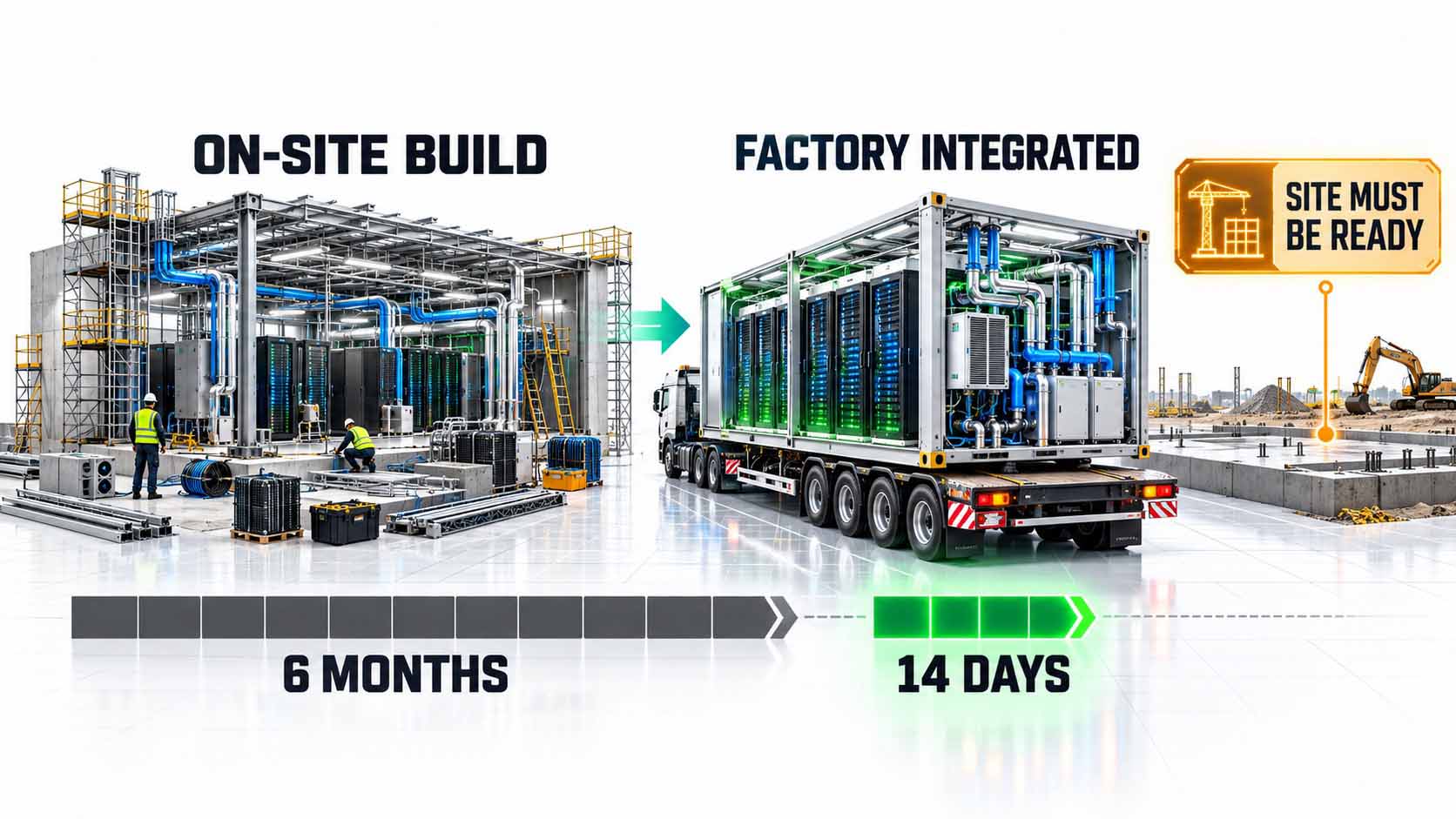 Infographic on a white background in 16:9 format: on the left a data center facility conventionally built on site with technicians, cables, cooling pipes and components under the label ON-SITE BUILD; on the right a fully pre-integrated modular AI data center on a truck under the label FACTORY INTEGRATED; a gray time bar shows 6 MONTHS, a much shorter green time bar 14 DAYS; on the right an amber info box with a construction site symbol and the label SITE MUST BE READY indicates that the site must be prepared; large, high-contrast typography, no logos