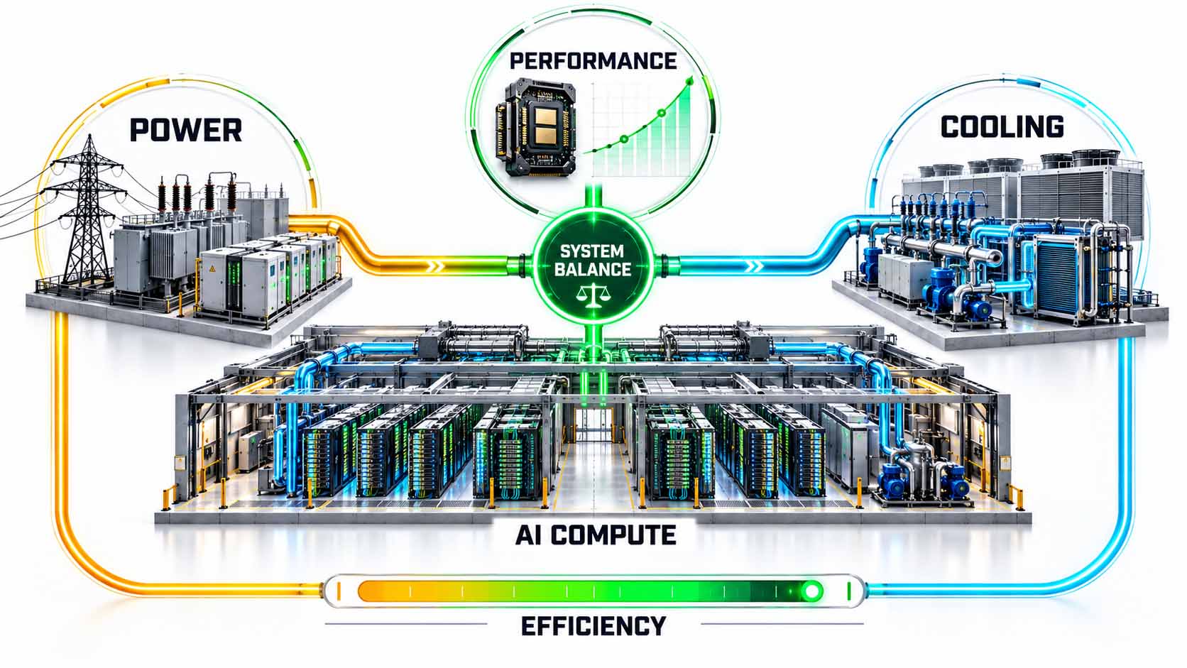 Infographic on a white background in 16:9 format: on the left a power grid with high-voltage pylons, transformers and energy facilities under the label POWER, on the right a technical cooling plant with pipelines and dry coolers under the label COOLING; in the middle an AI data center with server rows and liquid cooling under the label AI COMPUTE; above, a green node labeled SYSTEM BALANCE connects power supply, computing and cooling; a gauge at the bottom of the image visualizes the overall EFFICIENCY of the system; large, high-contrast typography, no logos