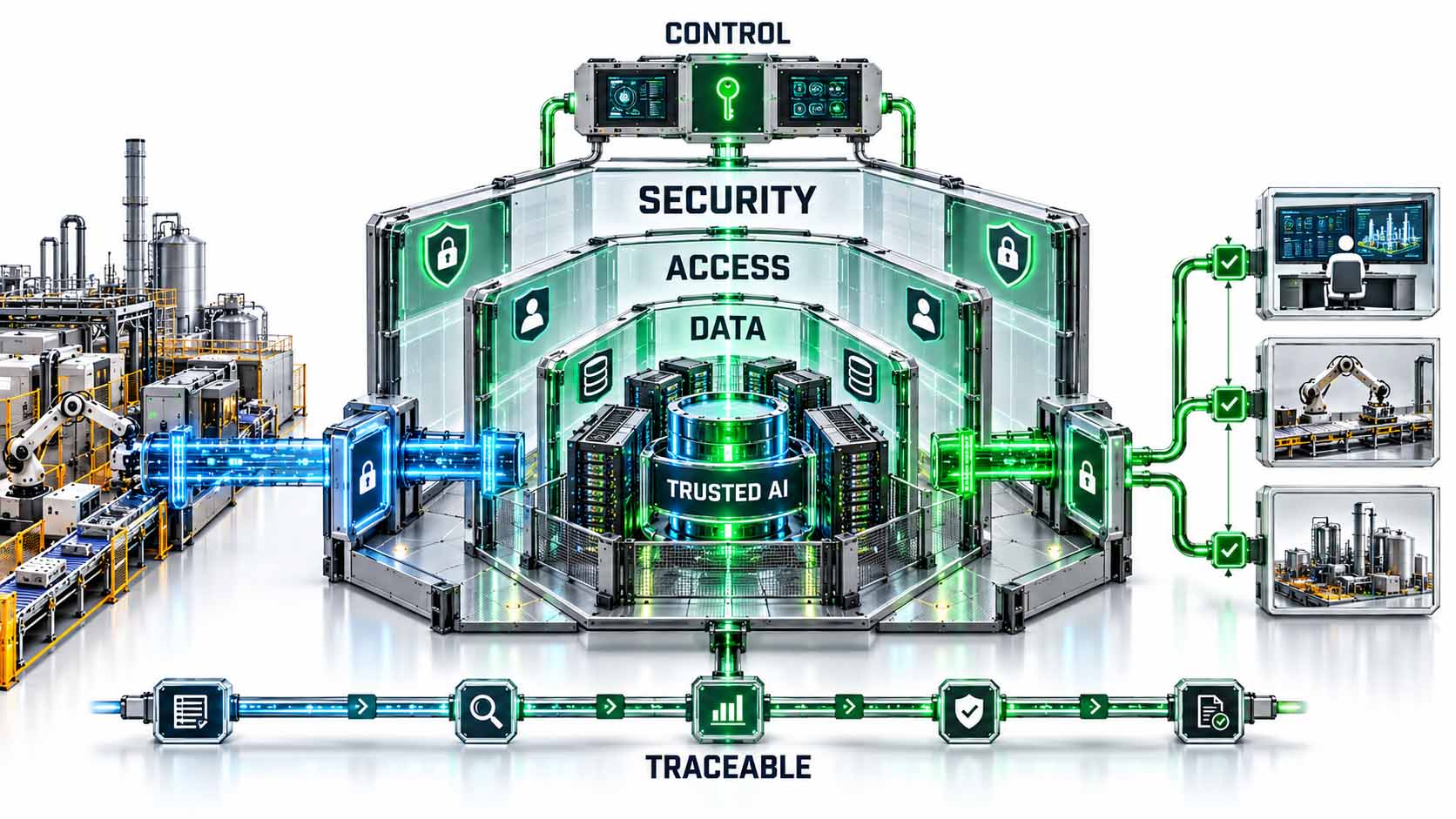 Infographic on a white background in 16:9 format: in the center a small robot head labeled AI AGENT, surrounded by a green cage labeled SANDBOX; around the cage five small symbols for model, memory, knowledge, tools and data, each connected to the agent by a thin arrow; on the right outside the cage a separate chip with an eye labeled OUT-OF-BAND MONITOR; a red arrow trying to leave the cage ends at an amber stop sign labeled STOPPED IN MILLISECONDS; large, legible typography, no logos