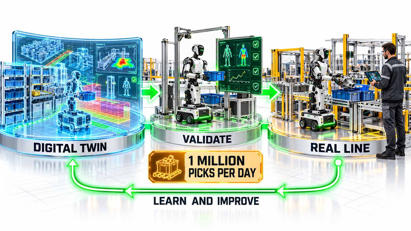 Infographic on a white background in 16:9 format: a three-stage cycle for deploying Physical AI; on the left a blue glowing digital twin of a logistics cell with shelves, safety zones and a mobile humanoid robot under the label DIGITAL TWIN; in the middle the robot is checked for feasibility, ergonomics and safety using an analysis screen, labeled VALIDATE; on the right the mobile humanoid takes a component from a material container under the supervision of a specialist, labeled REAL LINE; green arrows connect the three stages; an amber key figure shows 1 MILLION PICKS PER DAY; a feedback arrow labeled LEARN AND IMPROVE leads from real operation back to the digital twin; large, high-contrast typography, no logos