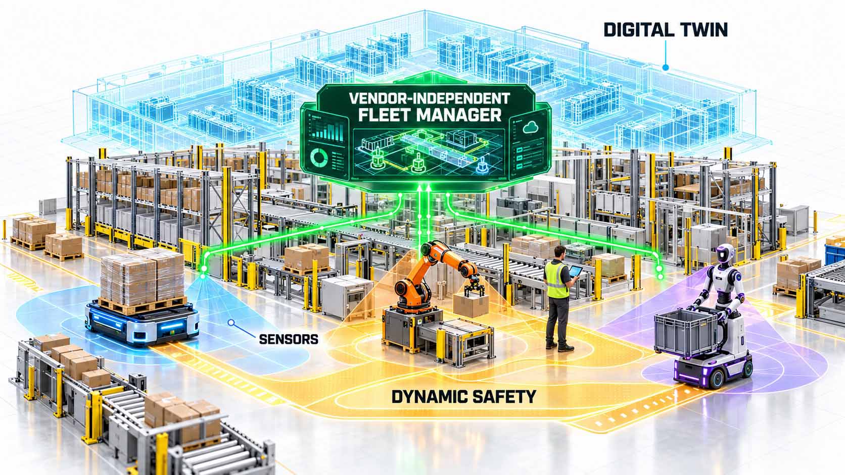 Infographic on a white background in 16:9 format: isometric view of an automated warehouse with three different robot types, a blue automated guided vehicle with a pallet, an orange industrial robot and a violet-accented mobile humanoid with a material container; semi-transparent sensor fields visualize their shared perception; all robots are connected via green data lines to a central control system labeled VENDOR-INDEPENDENT FLEET MANAGER; in the background a blue wireframe model labeled DIGITAL TWIN shows the virtual replica of the warehouse; a specialist works within an adaptable amber zone labeled DYNAMIC SAFETY; large, high-contrast typography, no logos