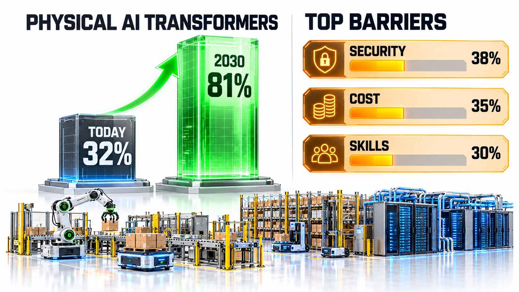 Infographic on a white background in 16:9 format: on the left under the heading PHYSICAL AI TRANSFORMERS two three-dimensional data columns, a low dark blue column labeled TODAY 32 % and a much taller bright green column labeled 2030 81 %, connected by a green upward arrow; on the right under the heading TOP BARRIERS three amber bars labeled SECURITY 38 %, COST 35 % and SKILLS 30 %; in the lower area an automated industrial landscape with a robot cell, warehouse robots and AI server infrastructure; large, high-contrast typography, no logos