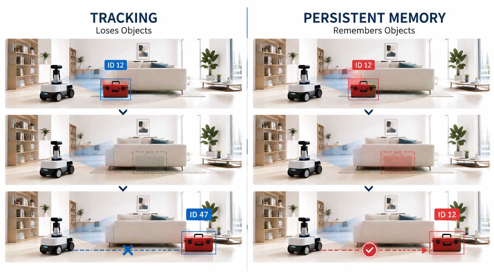 Split-Grafik: links ein Roboter in einem Wohnraum, dessen Sichtfeld ein Objekt hinter einem Sofa verdeckt und das Objekt dadurch ausgegraut verschwindet; rechts derselbe Roboter, bei dem dasselbe Objekt nach dem Wiederauftauchen sofort mit seiner ursprünglichen ID-Markierung erscheint, verbunden durch eine gestrichelte Gedächtnis-Linie