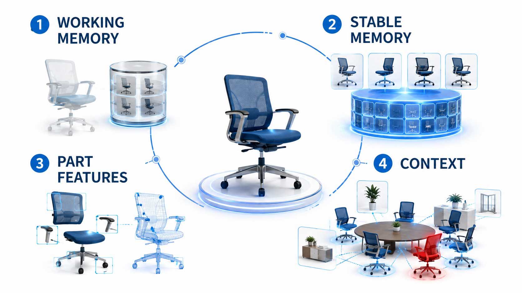 Technische Infografik mit drei Ebenen: oben eine zweistufige Speicherarchitektur aus 'Working Bank' und 'Stable Bank' mit Pfeilen zwischen unsicheren und bestätigten Objektidentitäten, in der Mitte eine Nahaufnahme eines Objekts mit farbig markierten Teilbereichen statt einer einzigen Kontur, unten fünf identische Stühle um einen Tisch, bei denen feine Linien die relative Position zueinander als zusätzlichen Erkennungskontext anzeigen