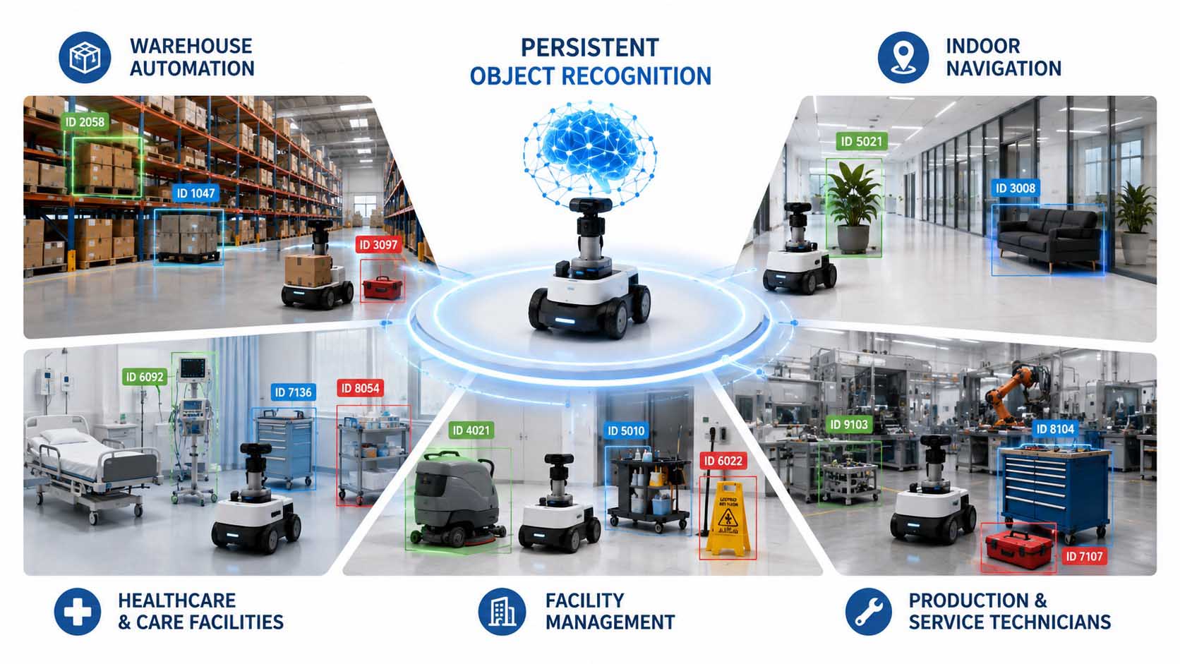 Sechsteilige Infografik um eine zentrale Grafik mit der Aufschrift 'Persistente Objekterkennung' angeordnet: oben links ein autonomer Lagerroboter zwischen Regalen, oben rechts ein Servicetechniker mit Tablet vor einer Industriemaschine, mittig links ein Krankenhausflur mit einem Pflegewagen, mittig rechts ein Büro mit einem kleinen Lieferroboter, unten links eine Werkshalle mit mehreren identischen Maschinenteilen, unten rechts ein Facility-Management-Dashboard mit Objektliste