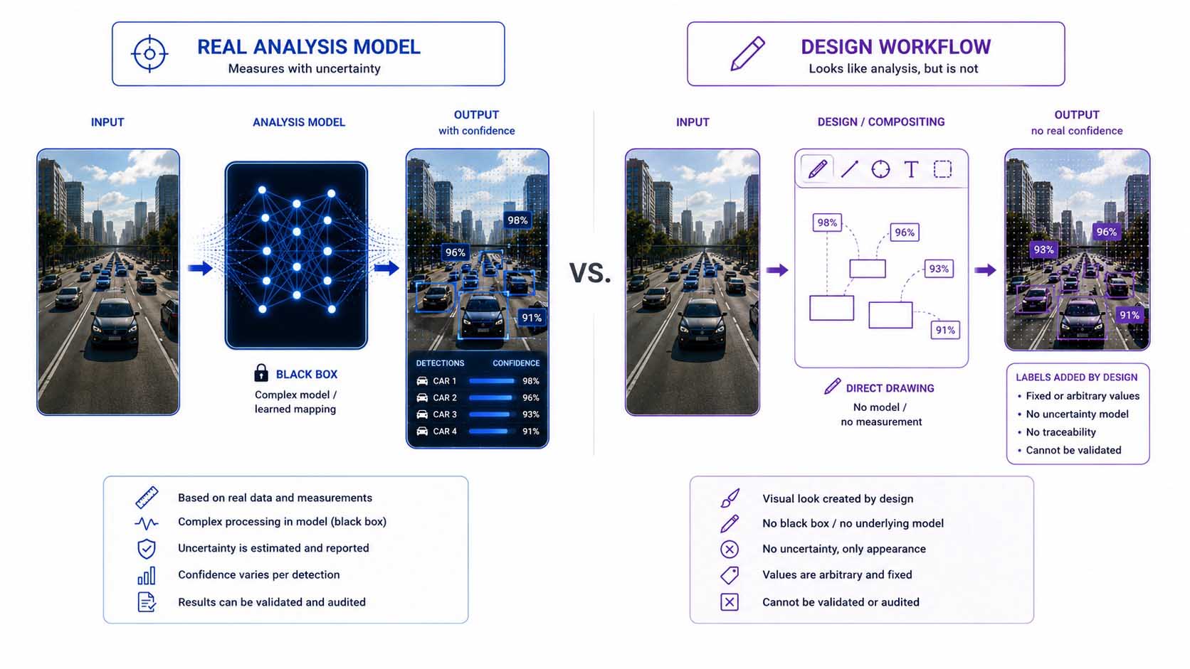 Gegenüberstellung: links ein Diagramm eines echten Analysemodells mit Eingabebild, neuronalem Netz als Blackbox und Ausgabe inklusive Konfidenzwerten, rechts ein Diagramm eines Design-Workflows mit Eingabebild, direkt gezeichneten Linien und Kästen, ohne jede Blackbox oder Konfidenzausgabe dazwischen